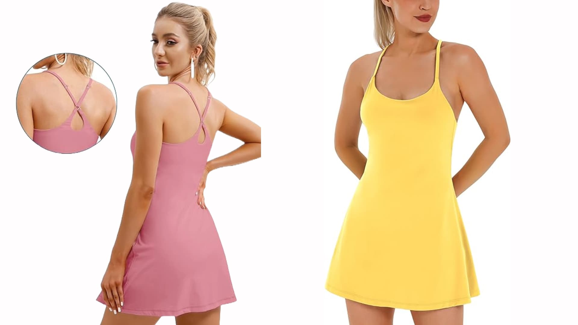 An athletic strappy dress with built-in bra and shorts. 