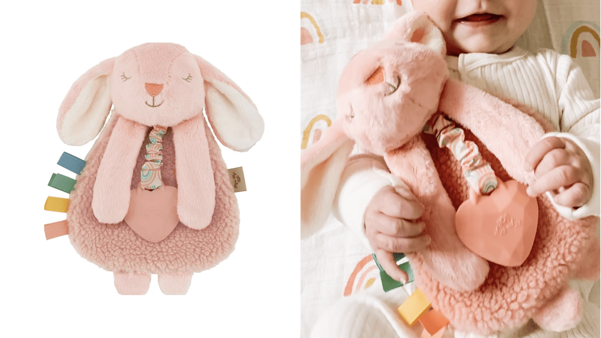 Itzy Ritzy - Itzy Lovey Including Teether - Baby Lovey with Teether, Textured Ribbons & Dangle Arms - Features Crinkle Sound, Sherpa Fabric and Minky Plush (Pink Bunny)