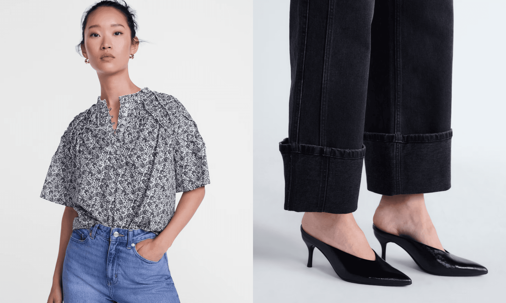blouse, heeled mules