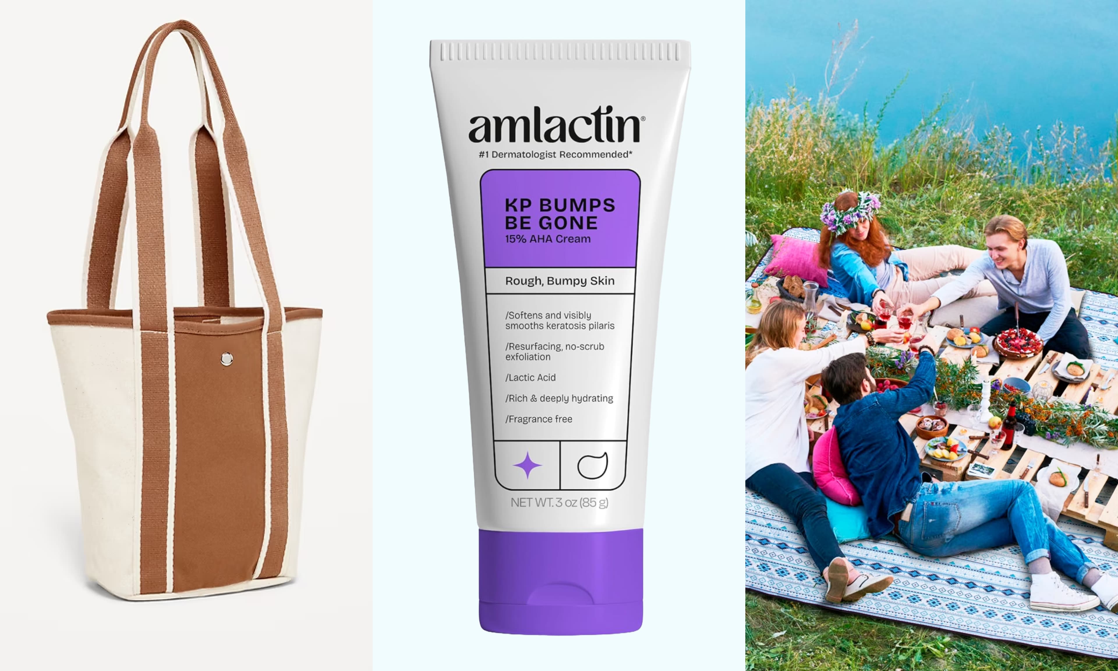 tote bag, body cream, picnic blanket