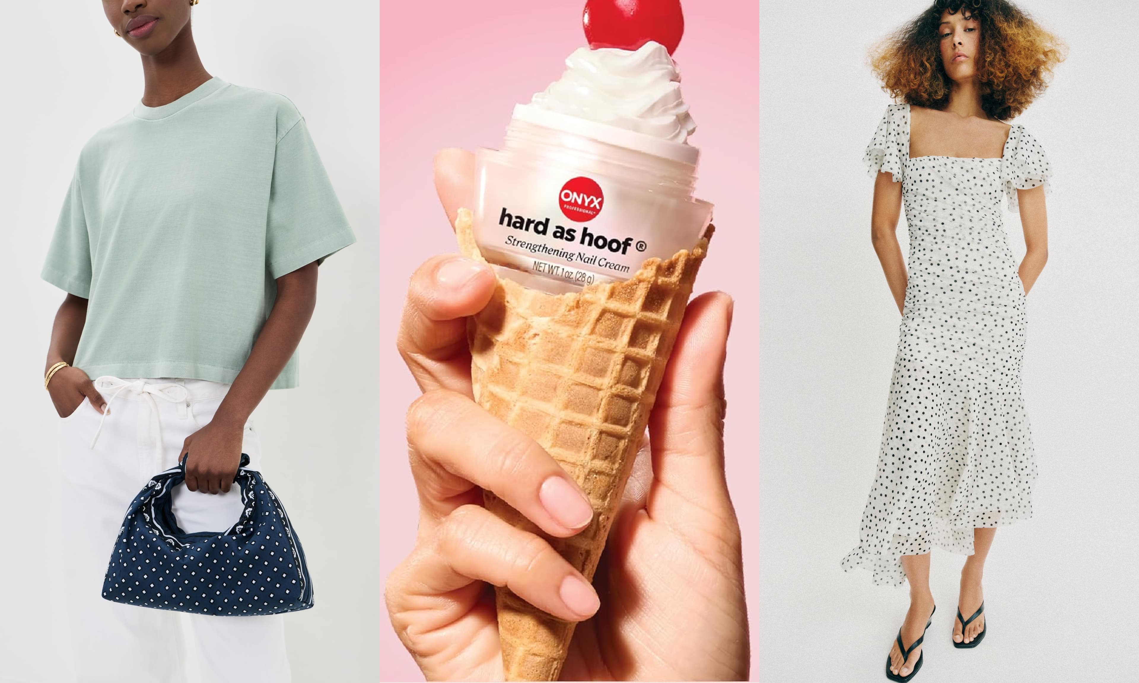 bandana bag, nail strengthening cream, polka dot midi dress