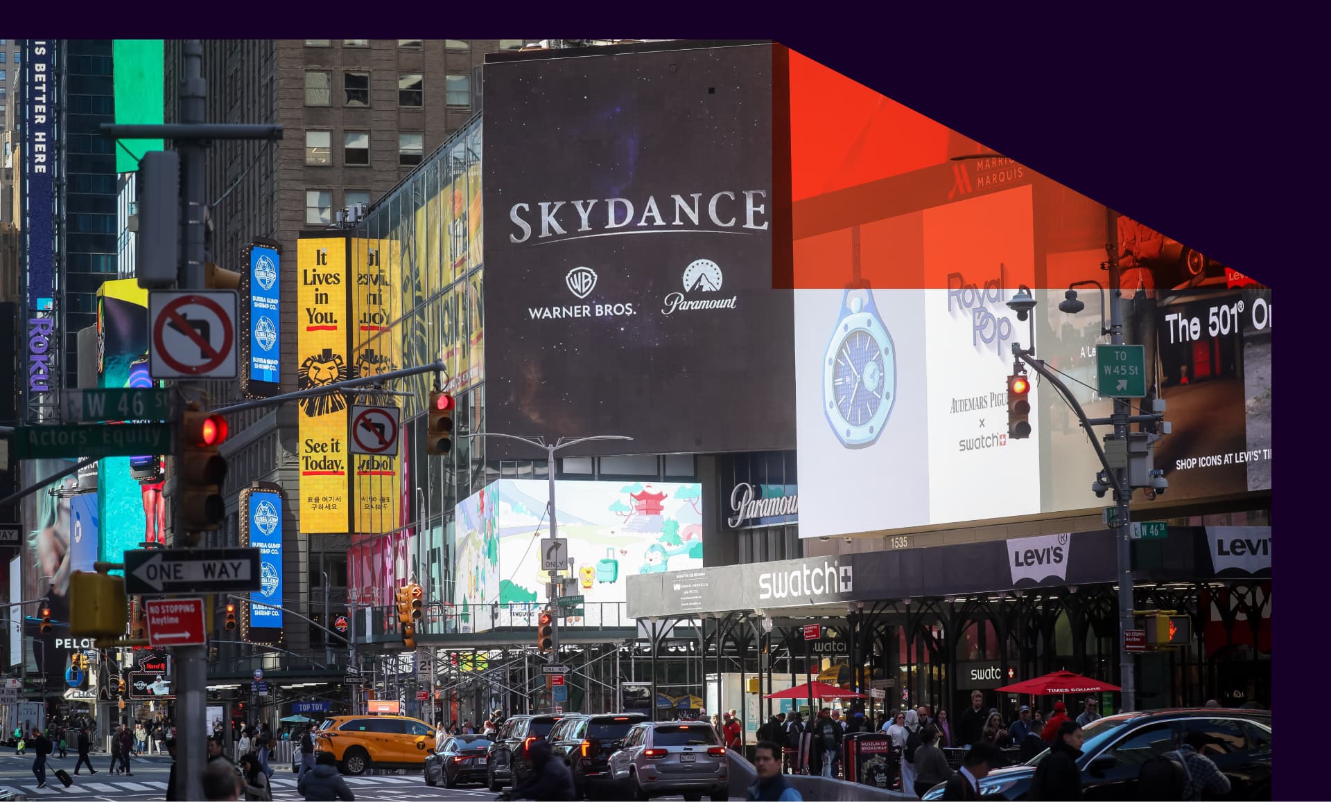 Skydance signage in Times Square in New York, US, on Tuesday, Oct. 6, 2026. Paramount Skydance Corp. closed its acquisition of Warner Bros. Discovery Inc., combining two of the five largest Hollywood film studios.