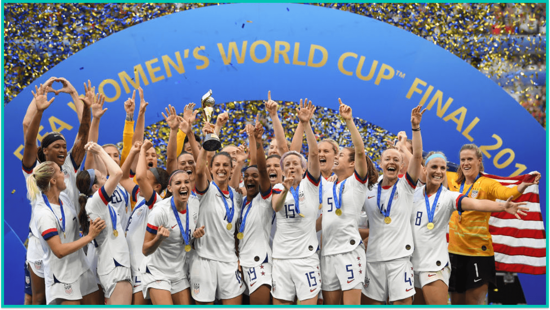 US Women's Soccer team posing after 2019 World Cup.