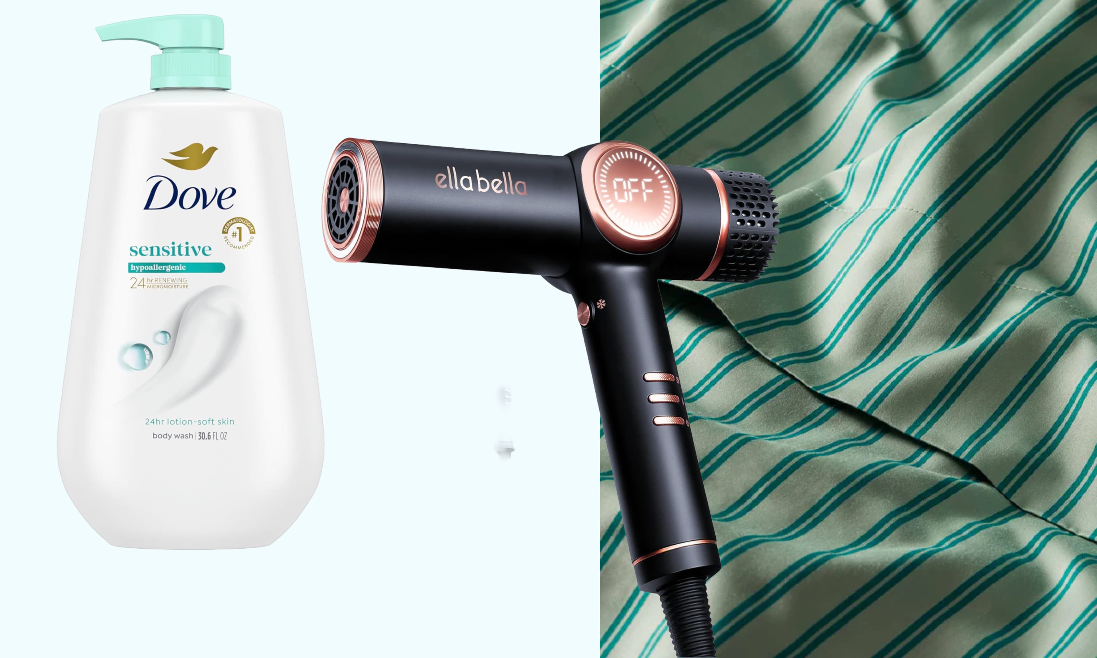 bodywash, hair dryer, sheets