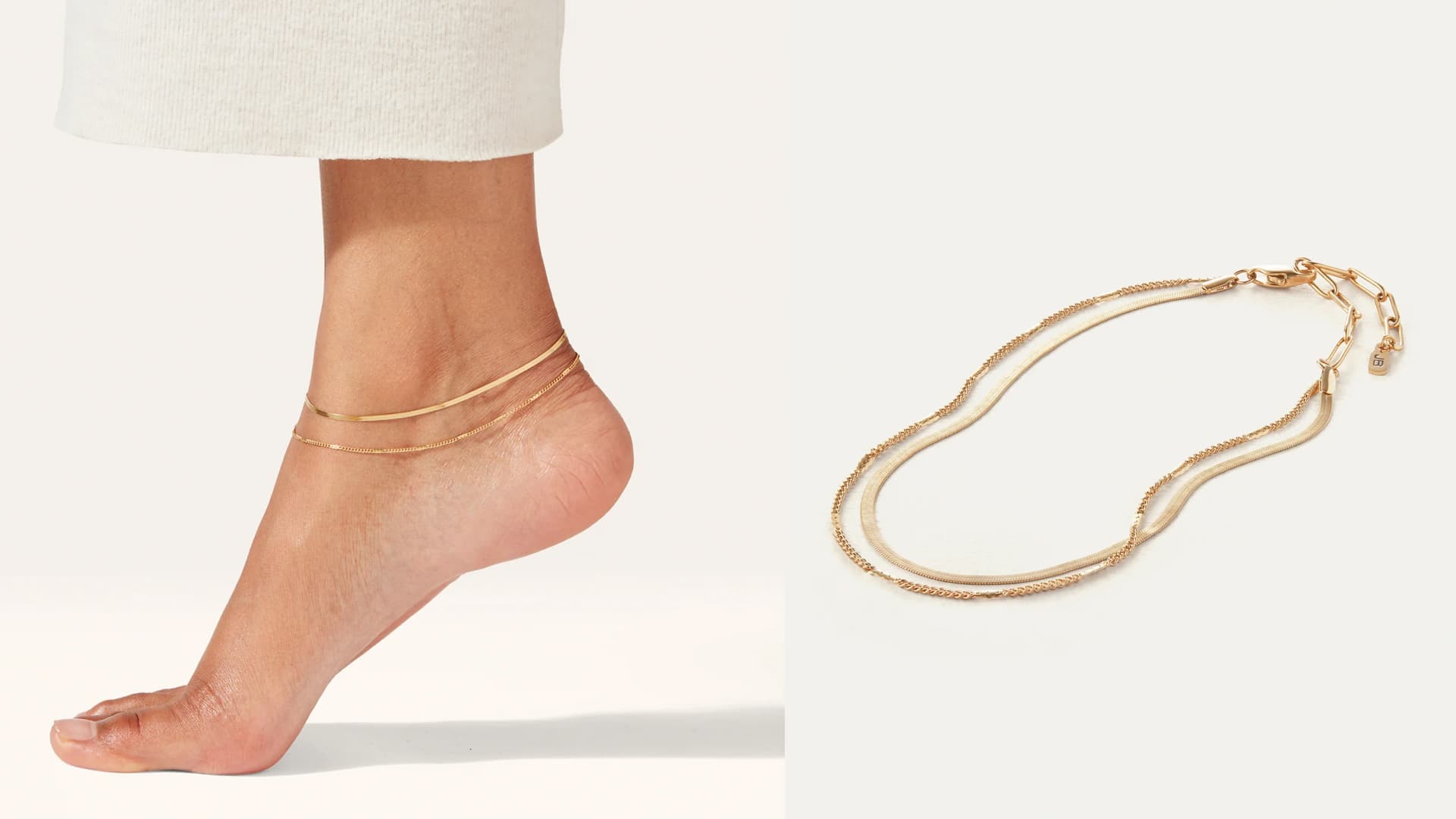 A gold double-chain herringbone and chain anklet. 