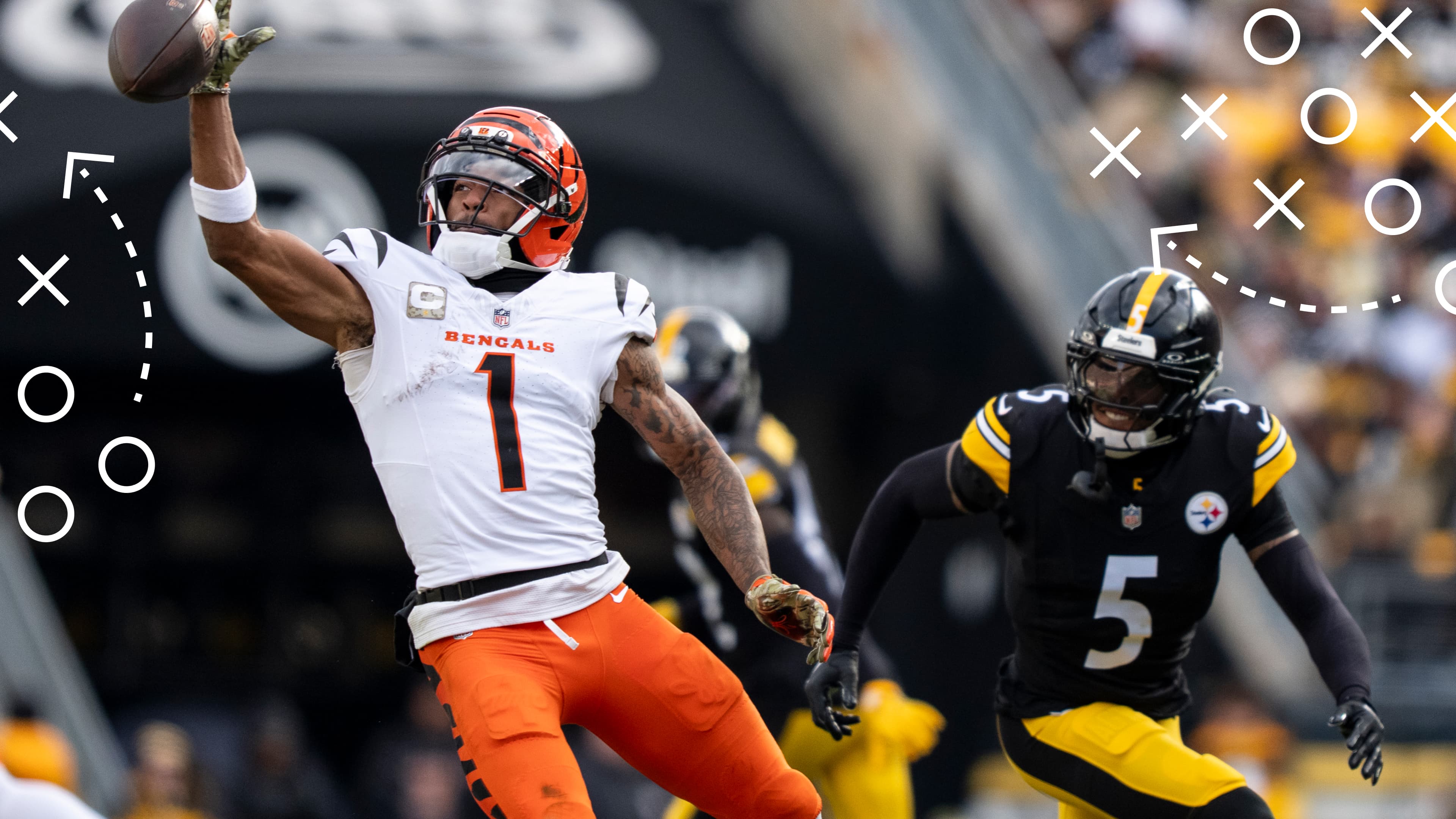 Ja'Marr Chase #1 of the Cincinnati Bengals attempts to complete a catch against Jalen Ramsey #5 of the Pittsburgh Steelers