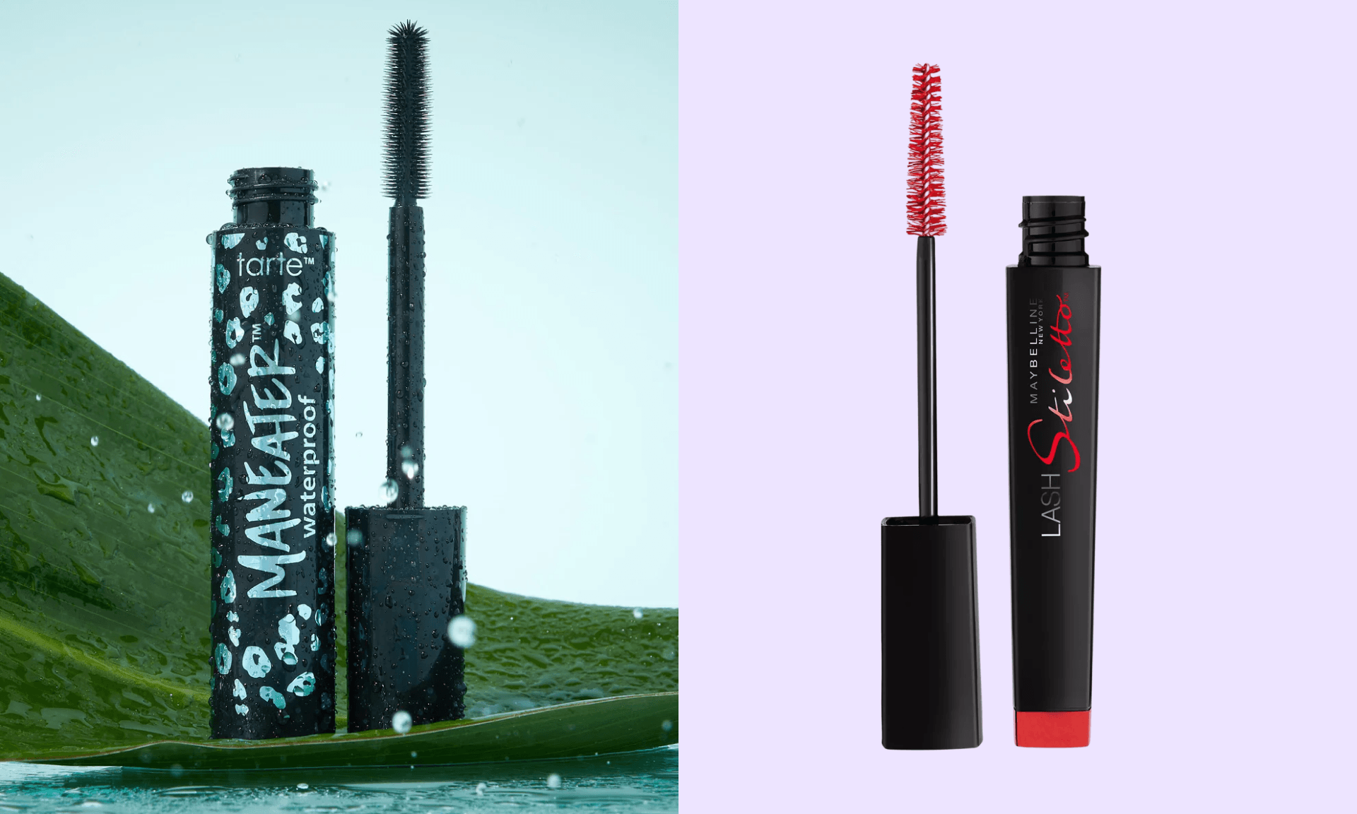 Black tube of mascara with metallic blue accents; black mascara tube with red writing and lash brush