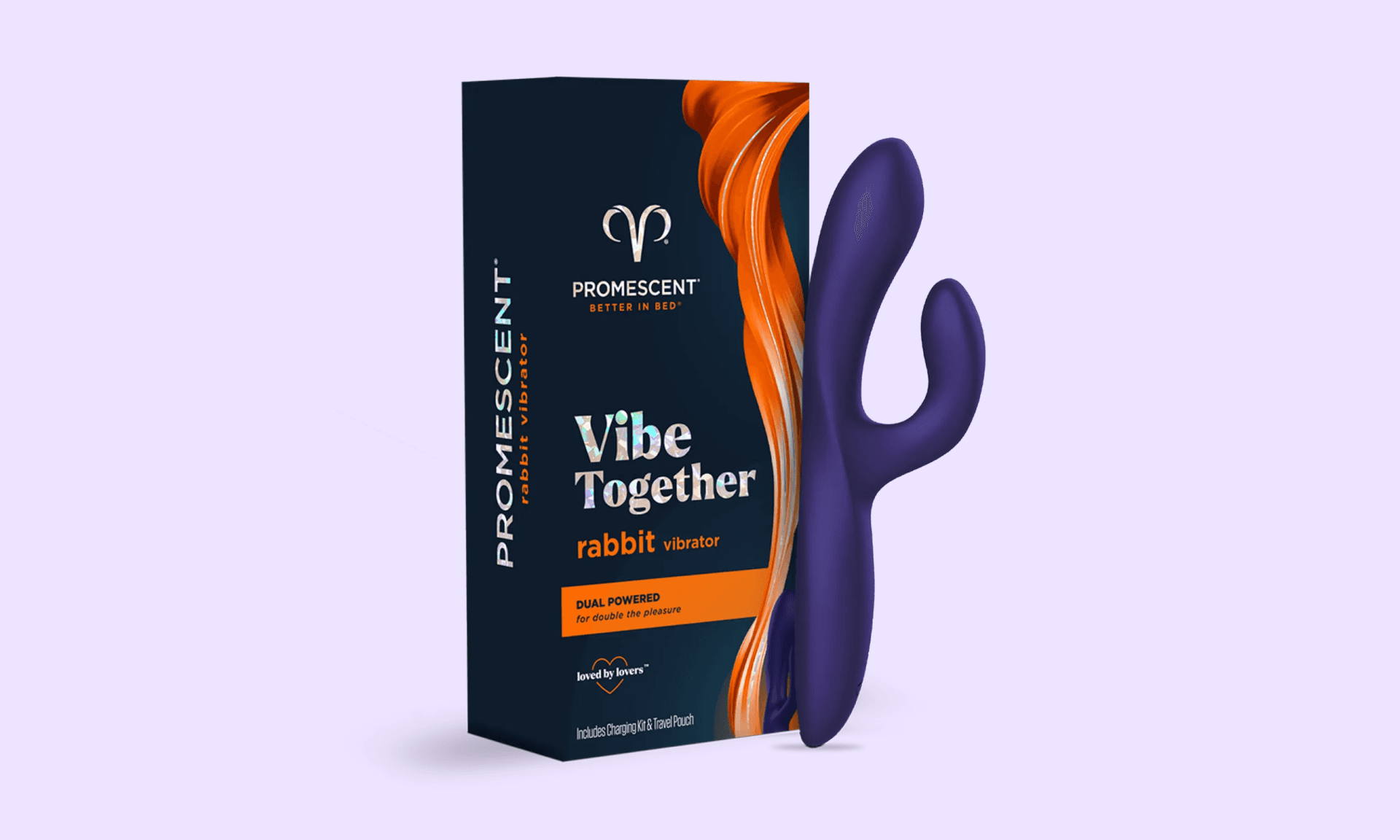 Purple vibrator next to black and orange box on purple background