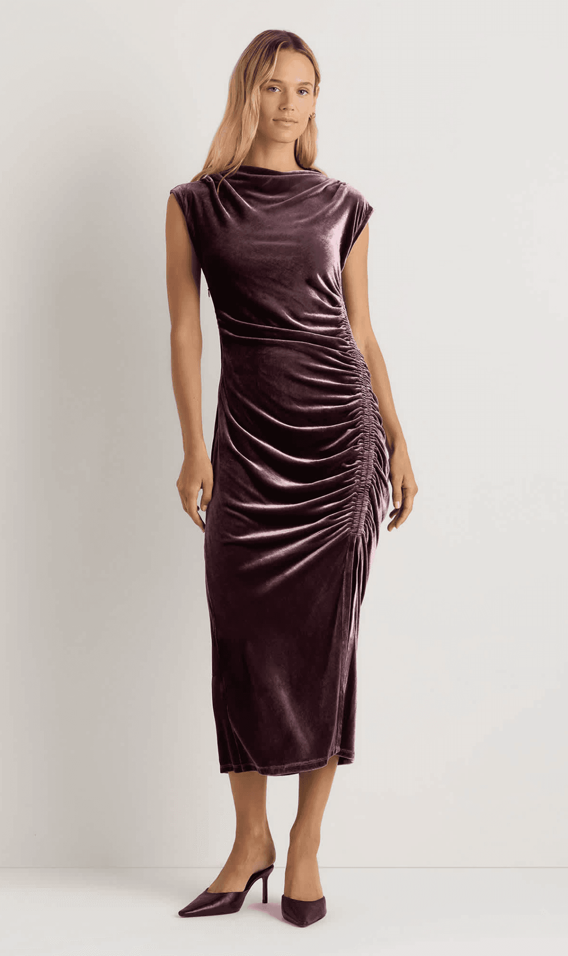 Stretch Silk Velvet Ruched Midi Dress from Quince