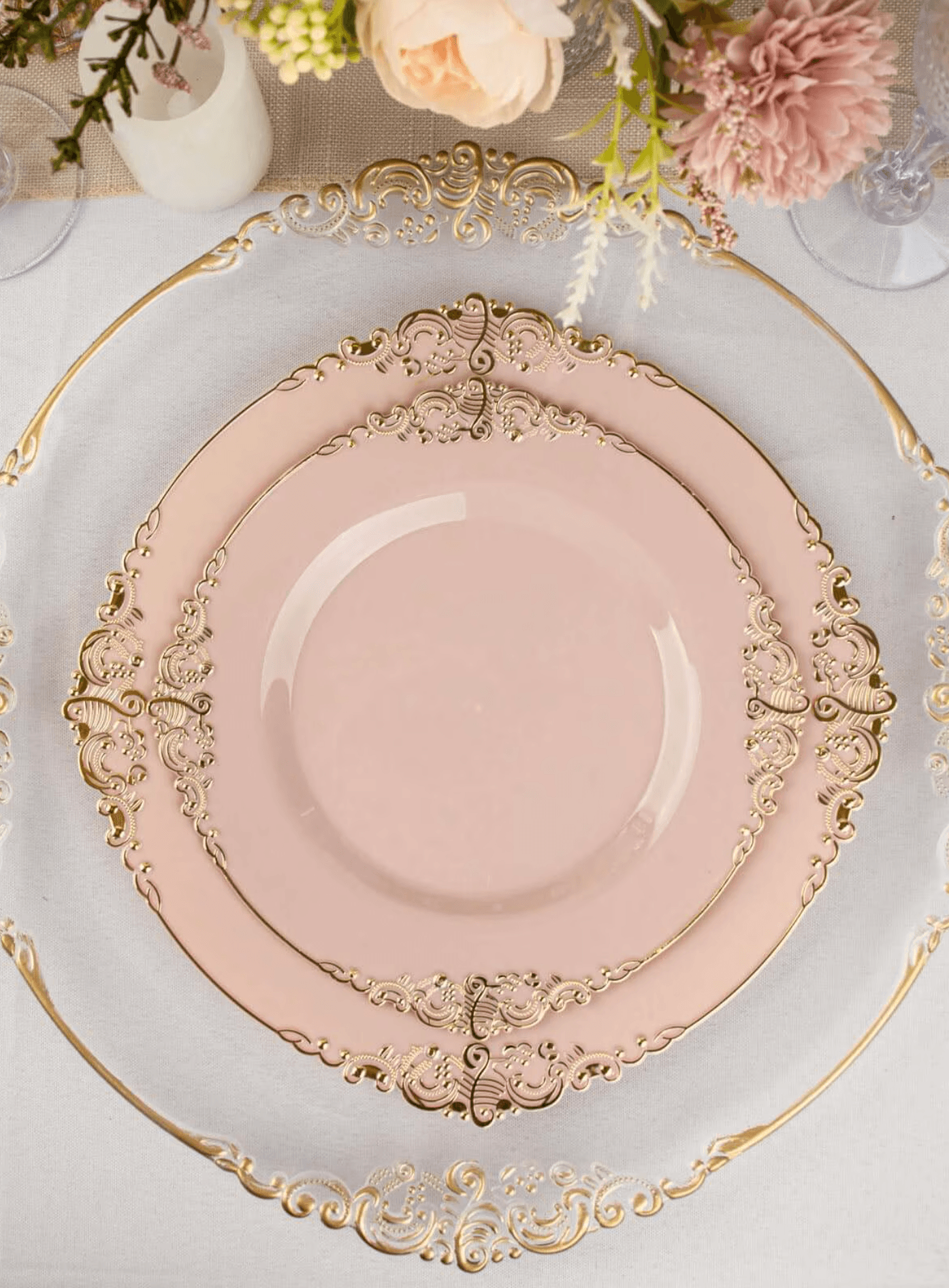 Efavormart 10 Pack | Blush Rose Gold Baroque 10" Round Plastic Dinner Plates, Disposable Tableware with Leaf Embossed Gold Rim