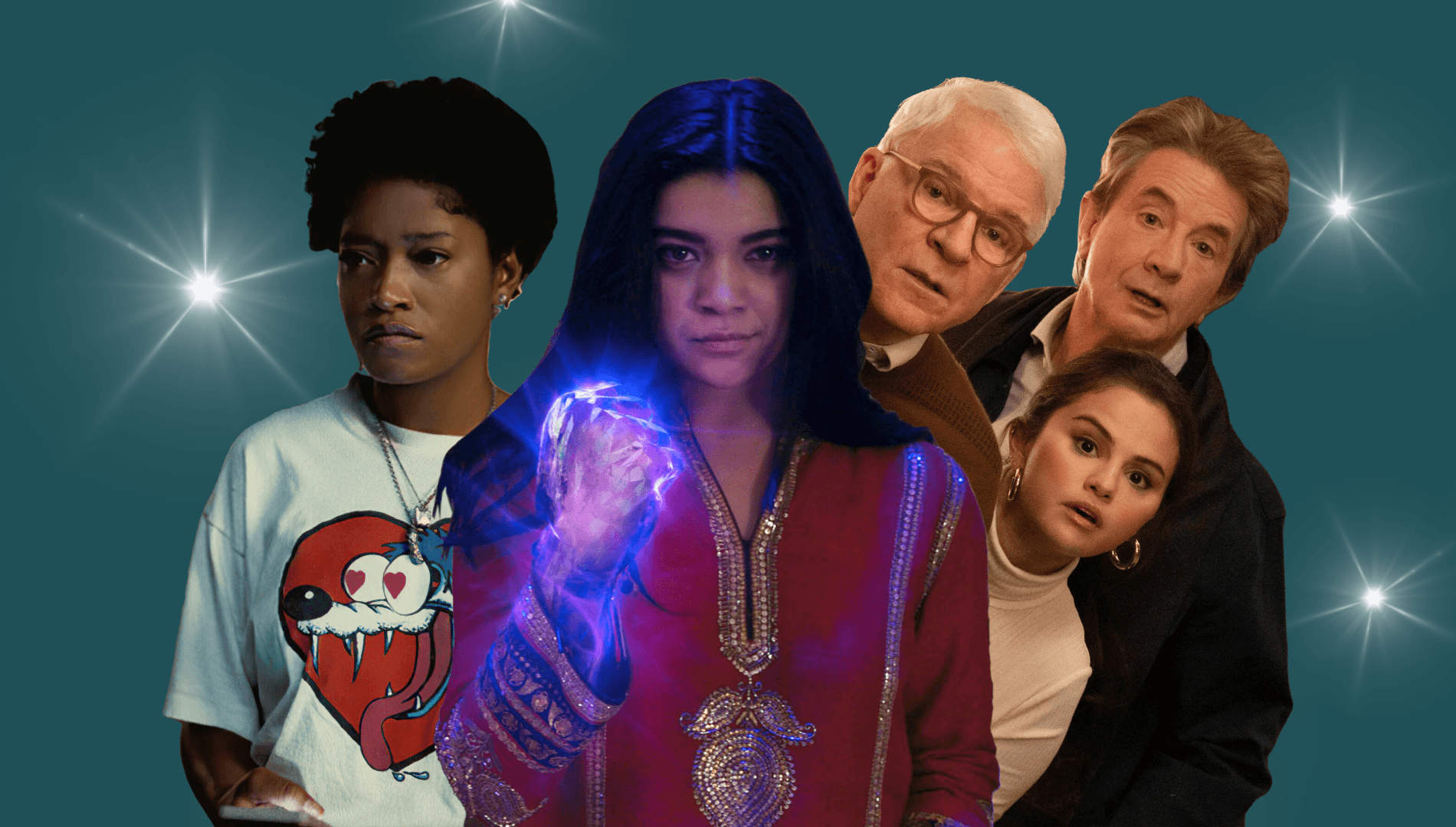 Pop Cultured with theSkimm promo image for July 12, 2022 featuring Keke Palmer, Iman Vellani, Steve Martin, Selena Gomez and Martin Short.