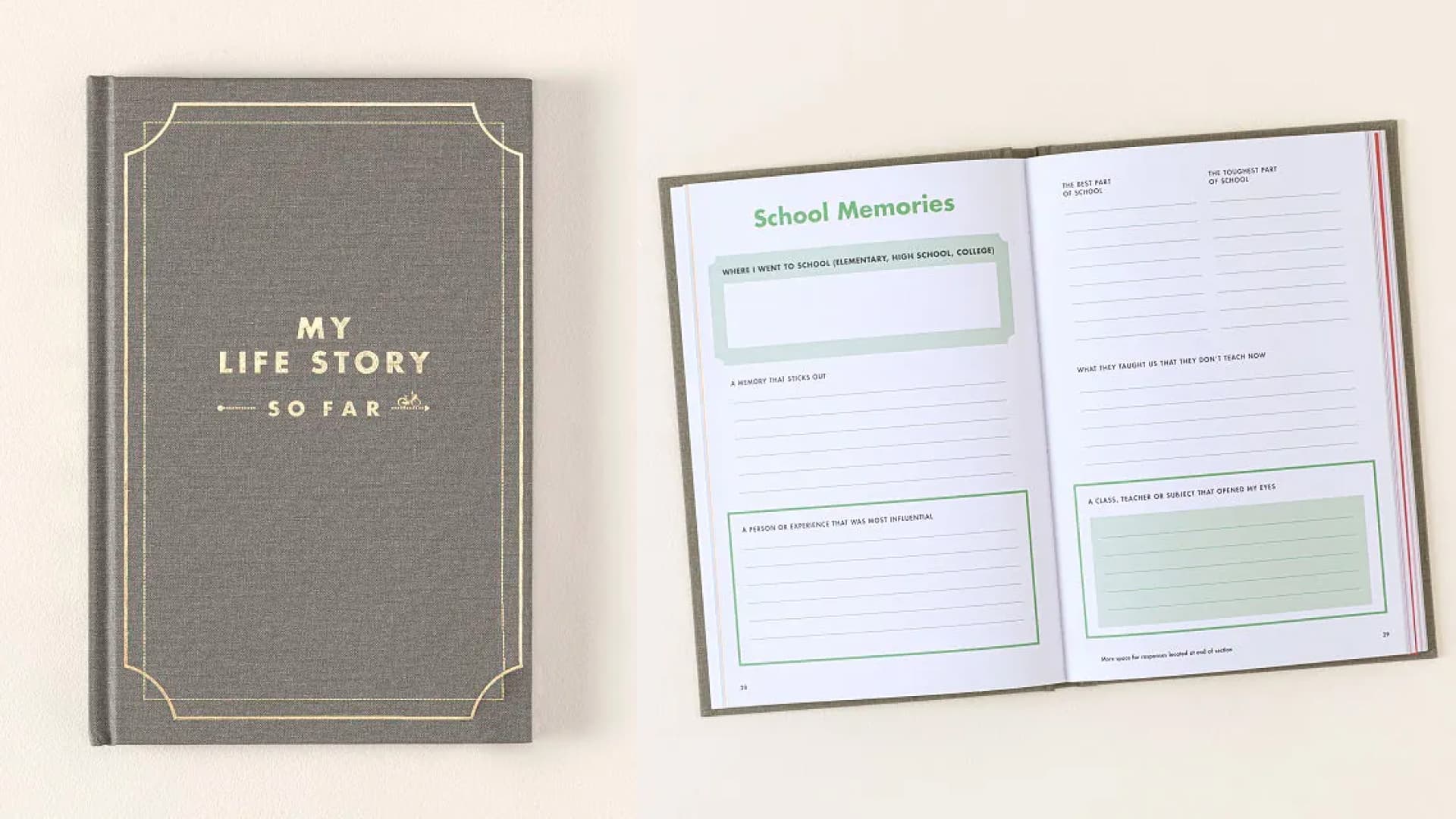 A cloth-bound journal with prompts about life, stories, and wisdom.