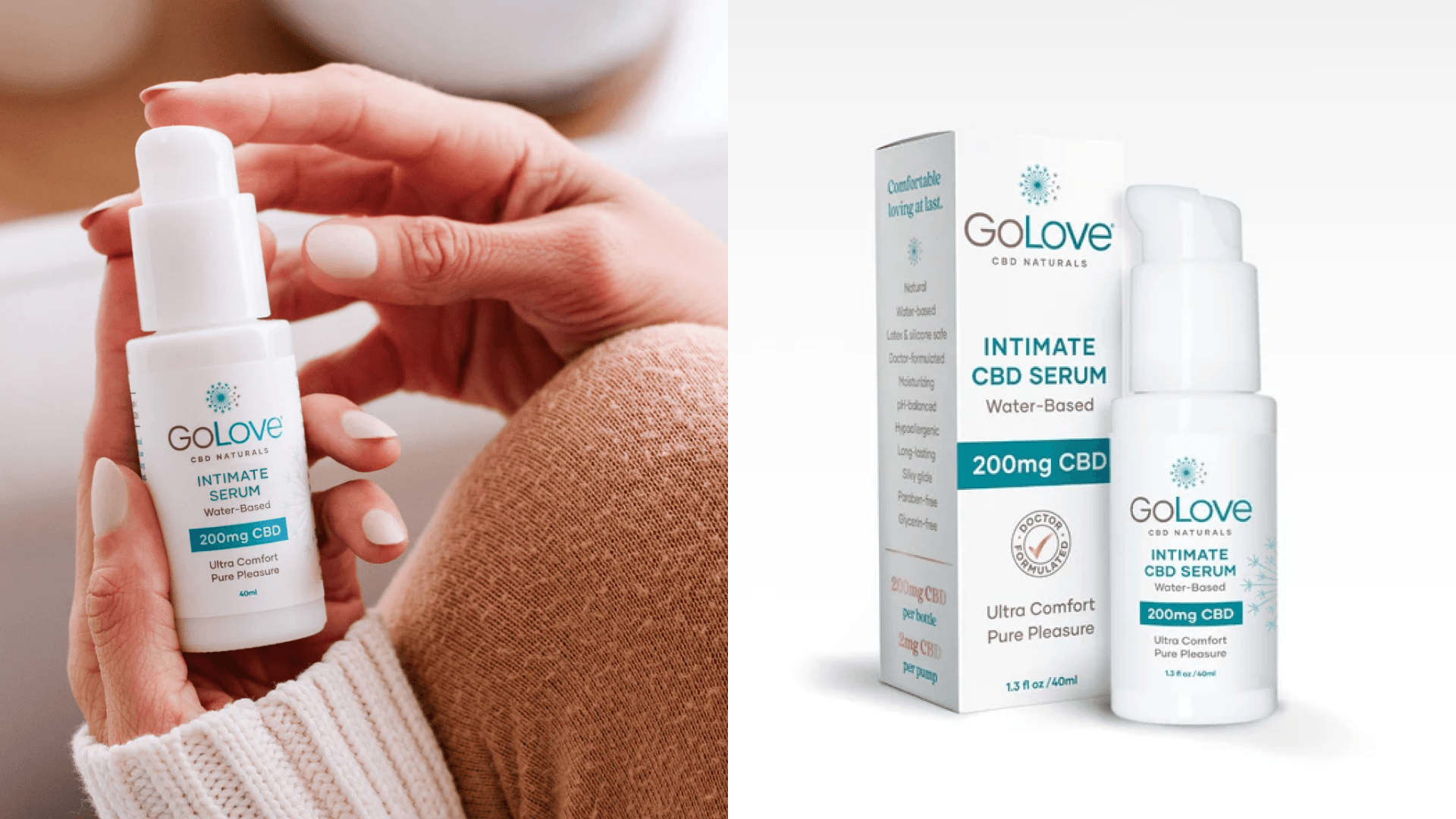 Woman in sweater holding bottle of lube; bottle of lube next to box