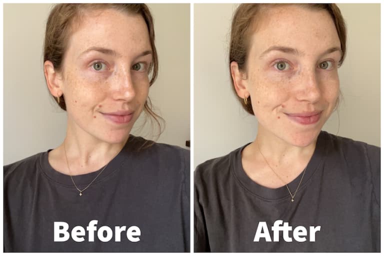 White woman showing before and after of Jones Road powder