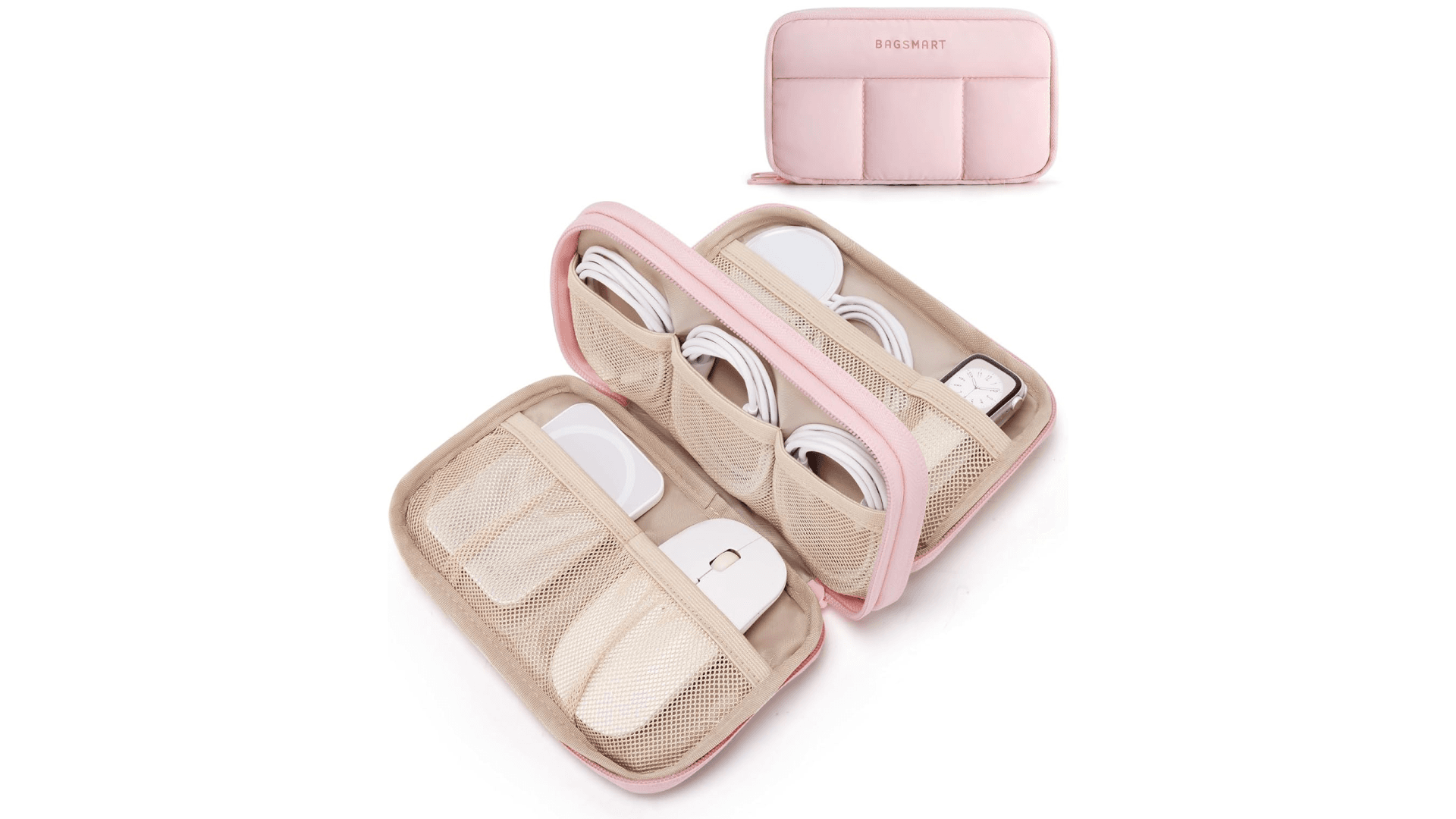 BAGSMART Electronics Organizer Travel Case, Cord Storage for Chargers Cables Phones, Compact Tech Accessories Pouch, Pink