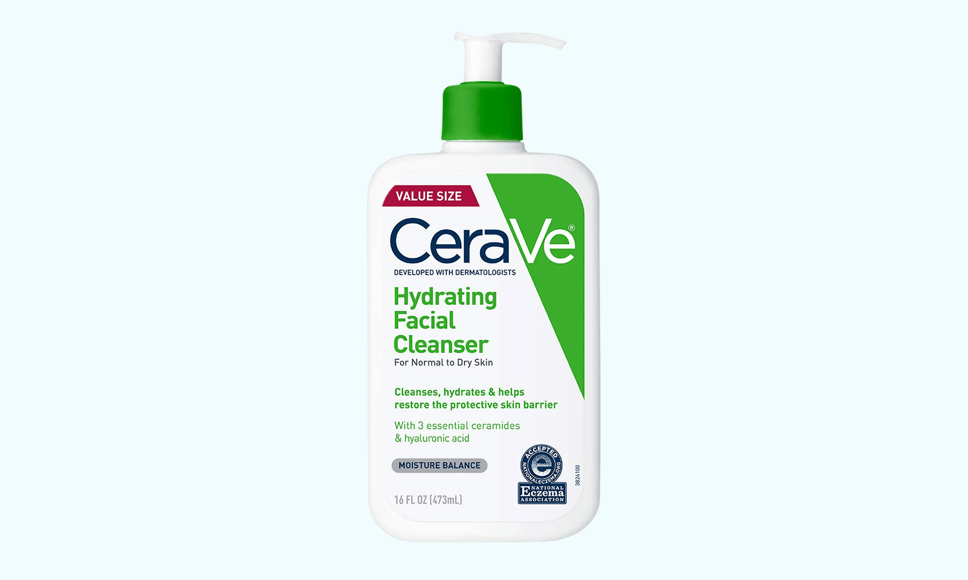 Green and white facial cleanser on pale blue background