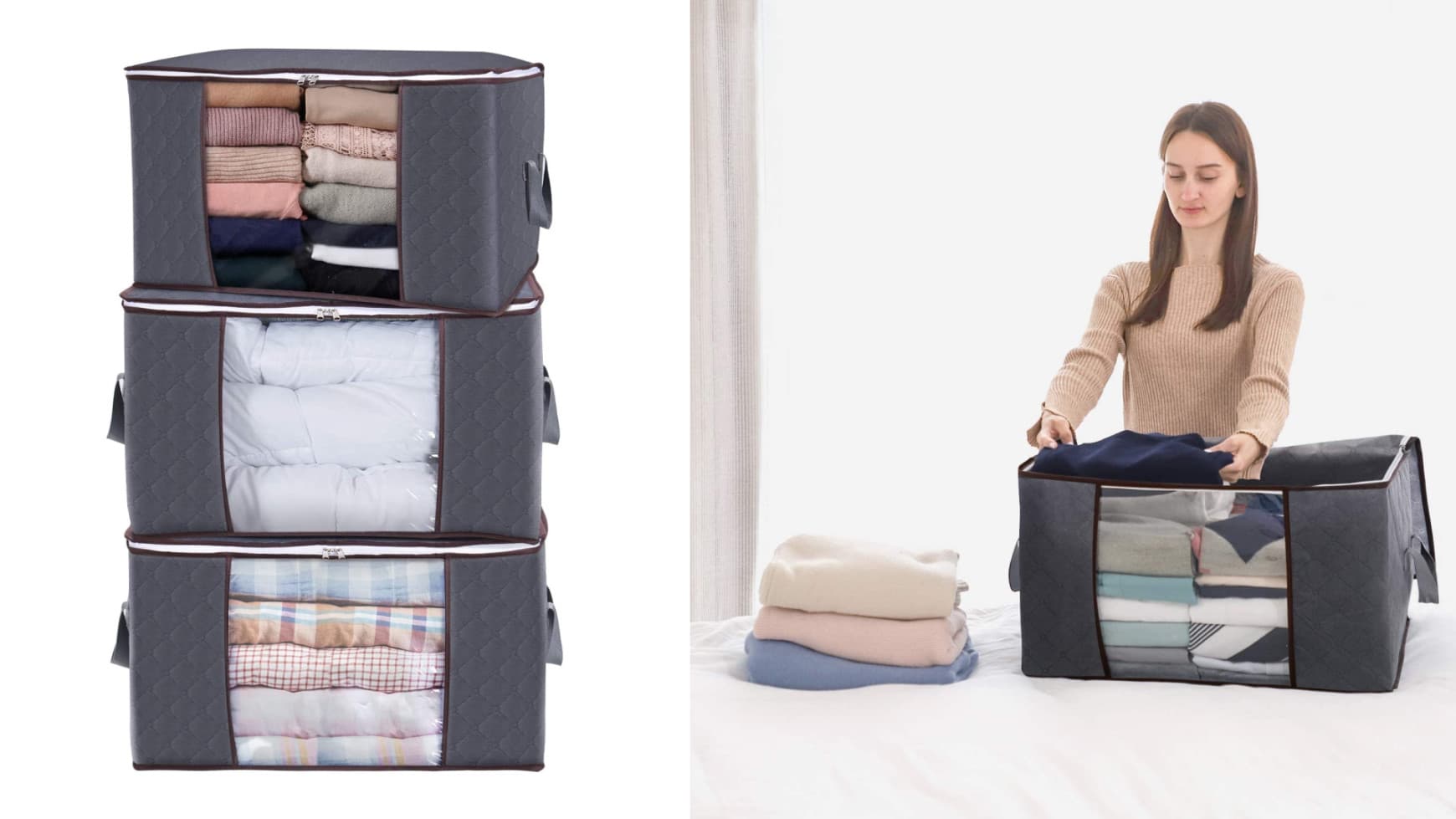 zippered fabric bags to store clothes and towels