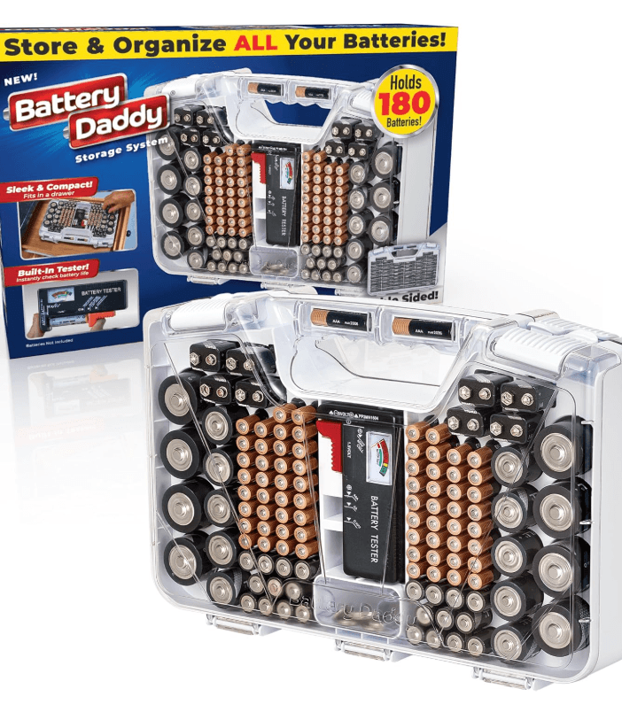 Battery Daddy Storage & Organizer Case with Tester, Stores & Protects Up to 180 Batteries, Double-Sided, Clear Locking Lid, Secure Latches & Portable Carrying Handle - White (Batteries Not Included)
