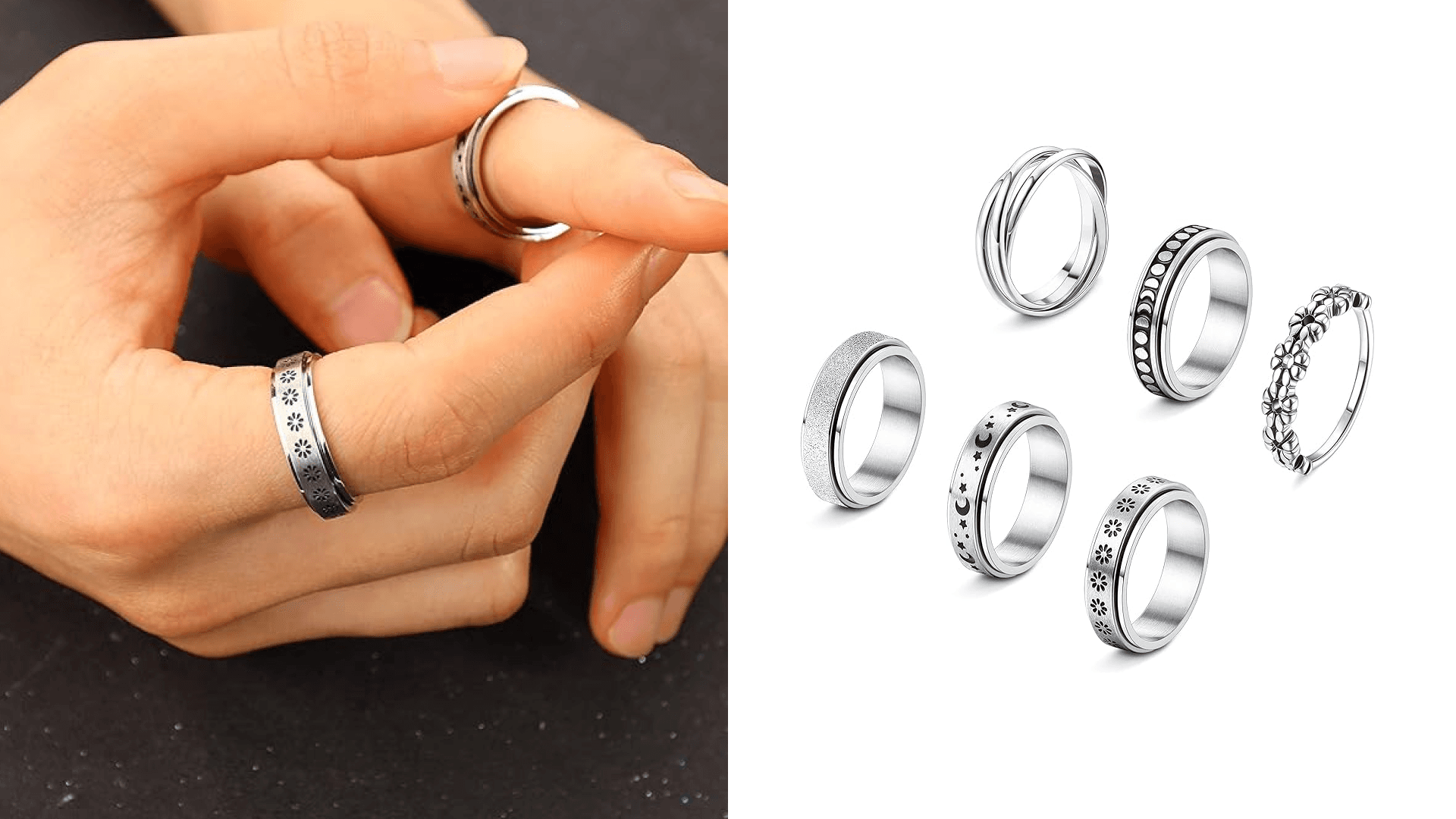 Woman playing with silver fidget ring, set of silver fidget rings