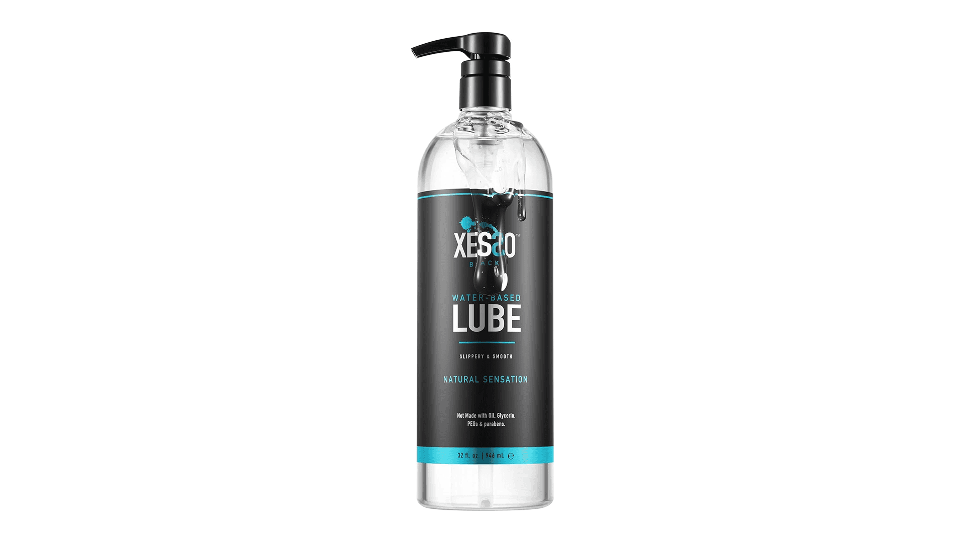 Clear bottle of lube with black label and silver and teal writing