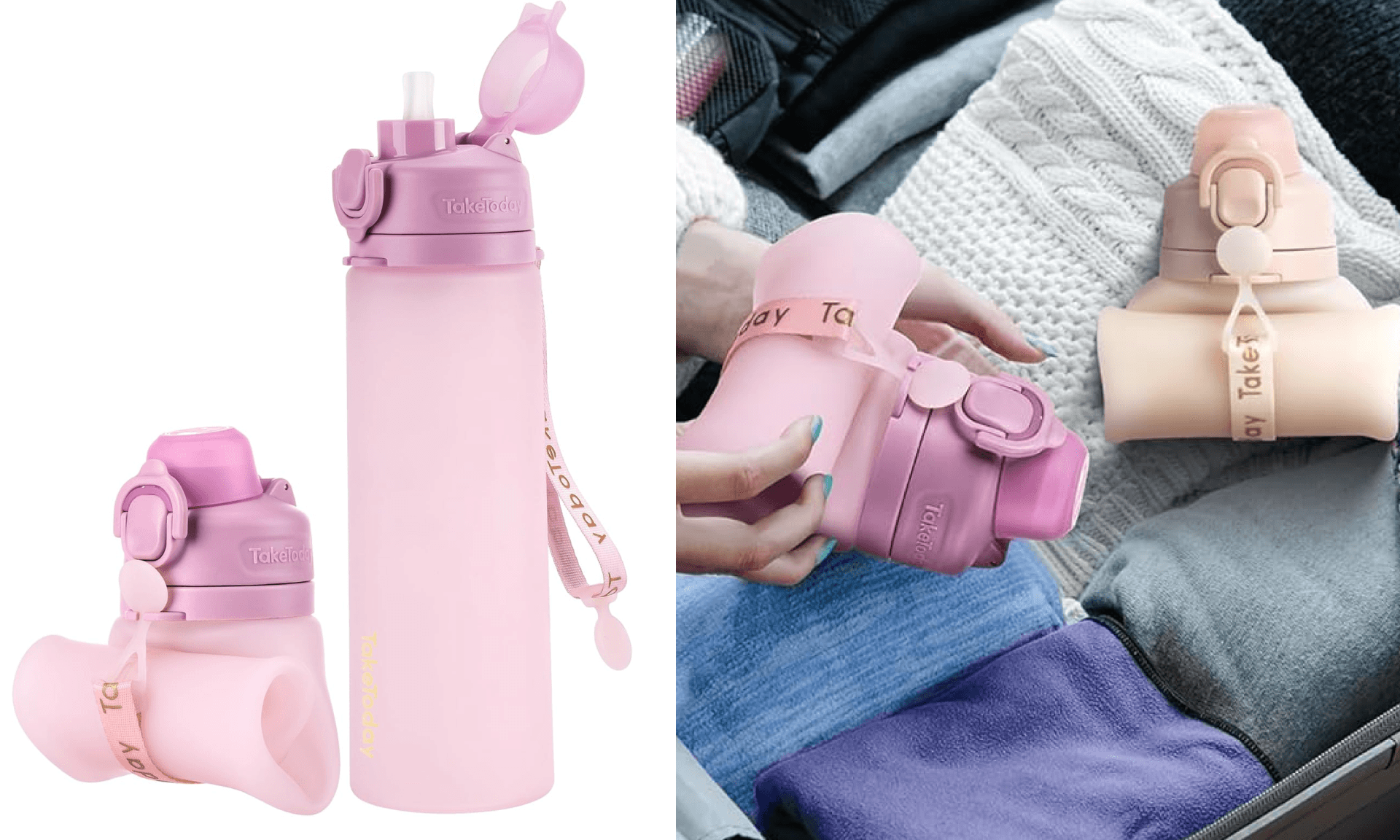 TakeToday Collapsible Water Bottles 20oz, Leak Proof, BPA-Free, Foldable Silicone Travel Water Bottle with Straw Strap for Cycling, Hiking, Outdoors