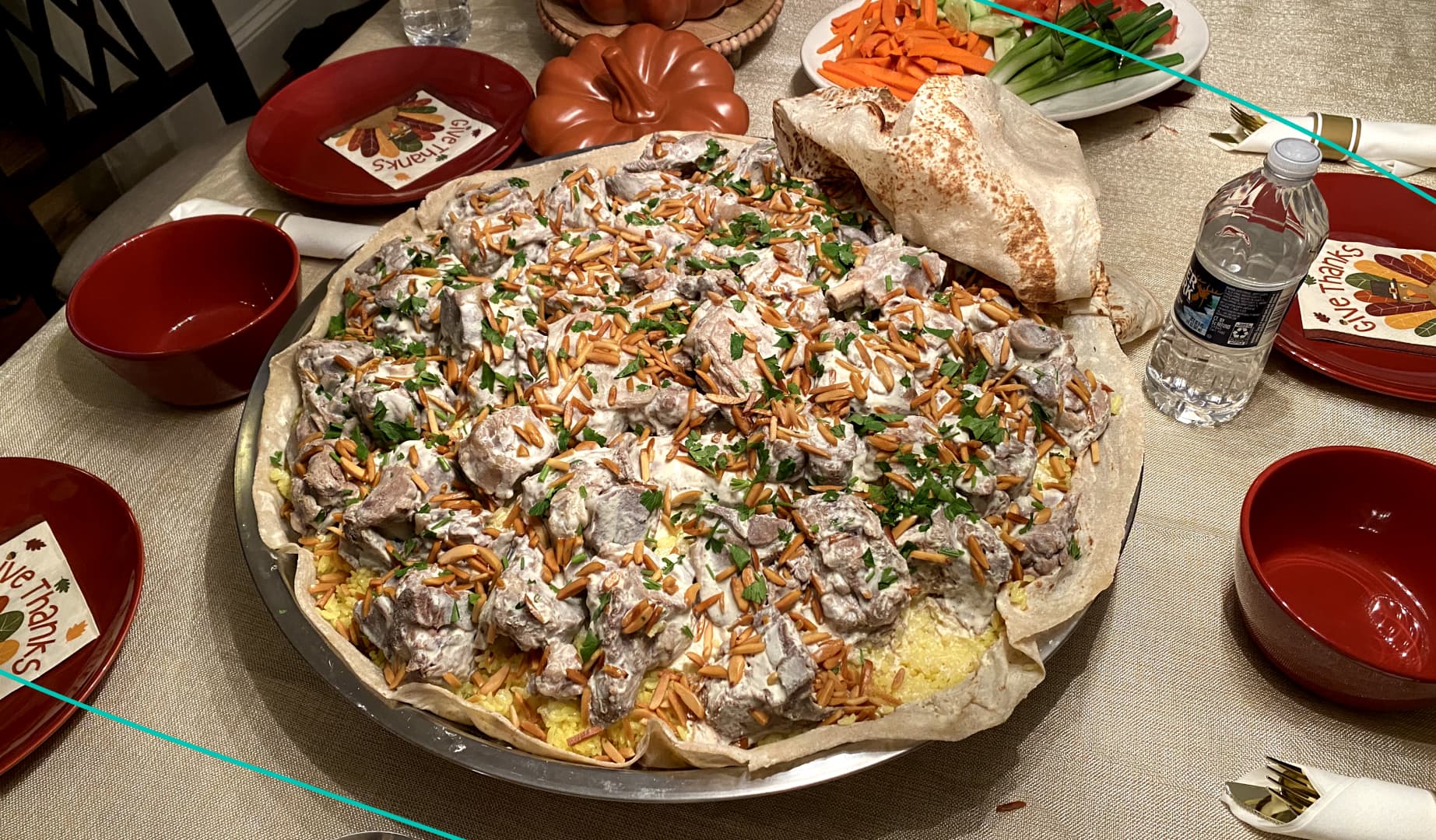 Mansaf is a dish with lamb chunks, rice, and a tart yogurt.