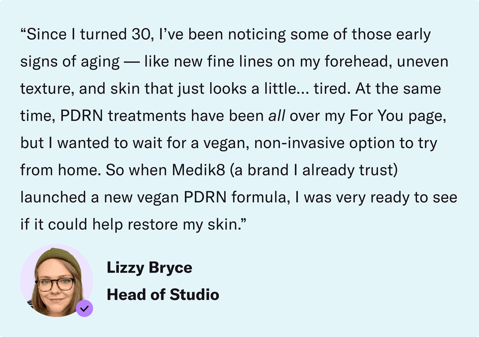 photo of lizzy with quote about product