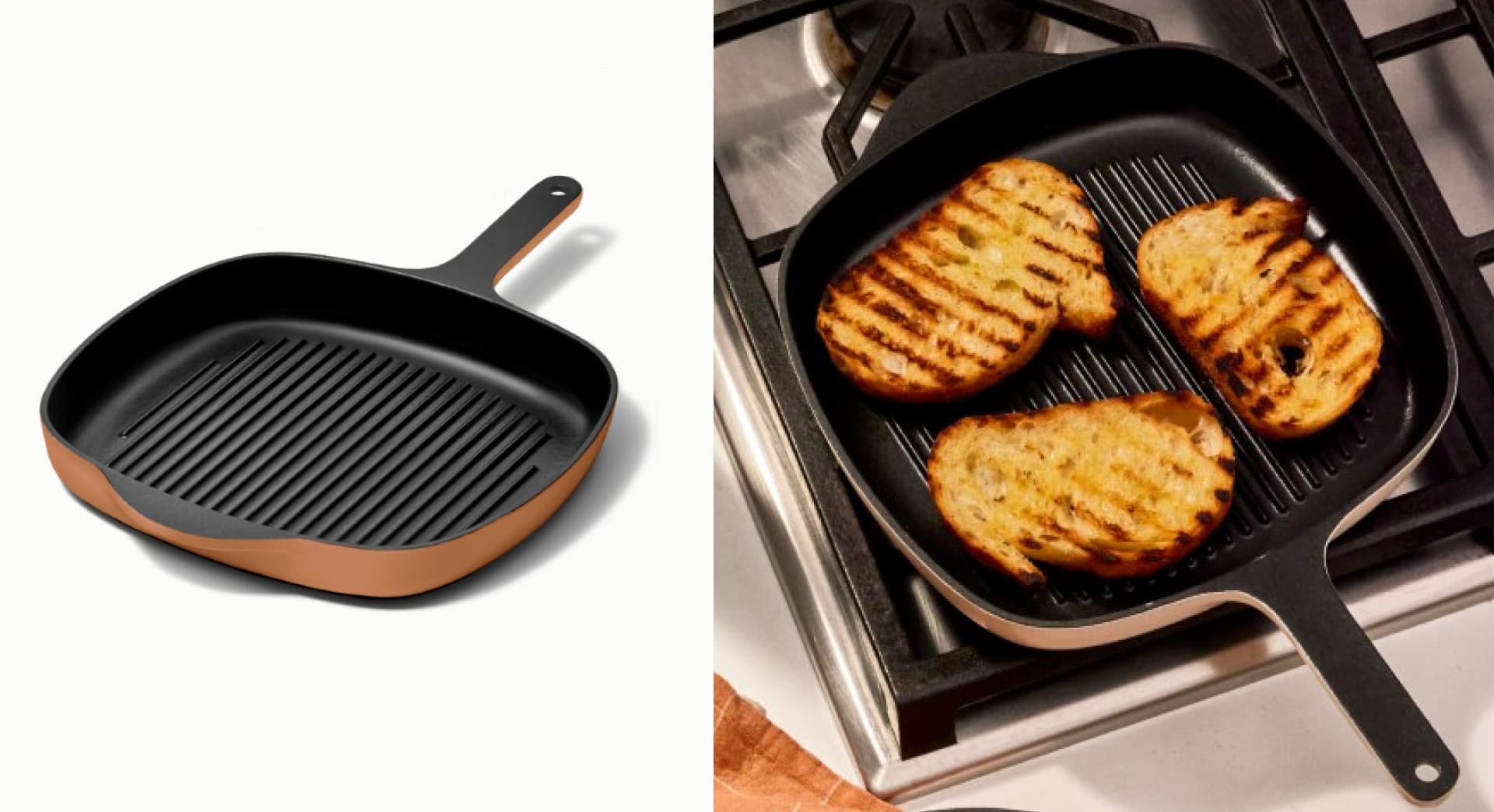 Caraway enameled cast iron grill pan.