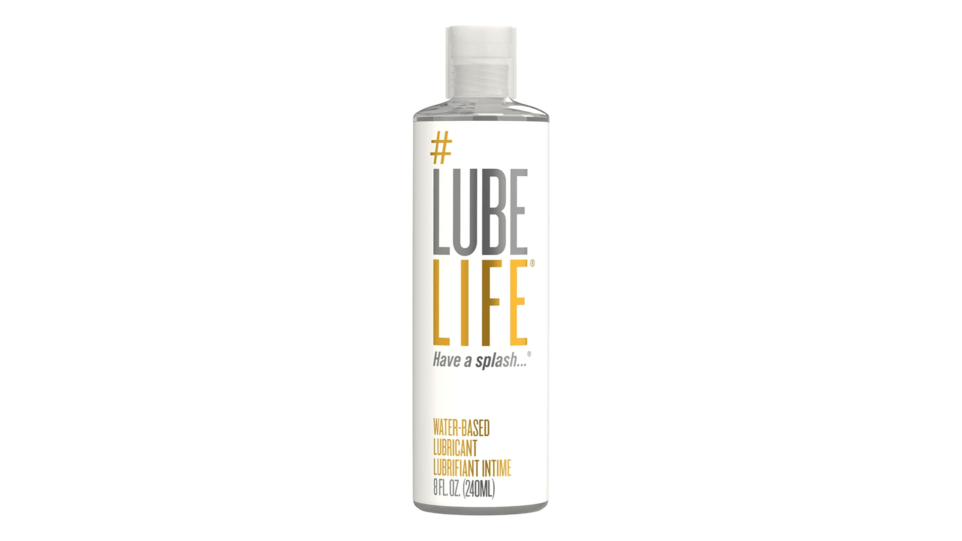 Clear bottle of lube with white label and silver and gold writing
