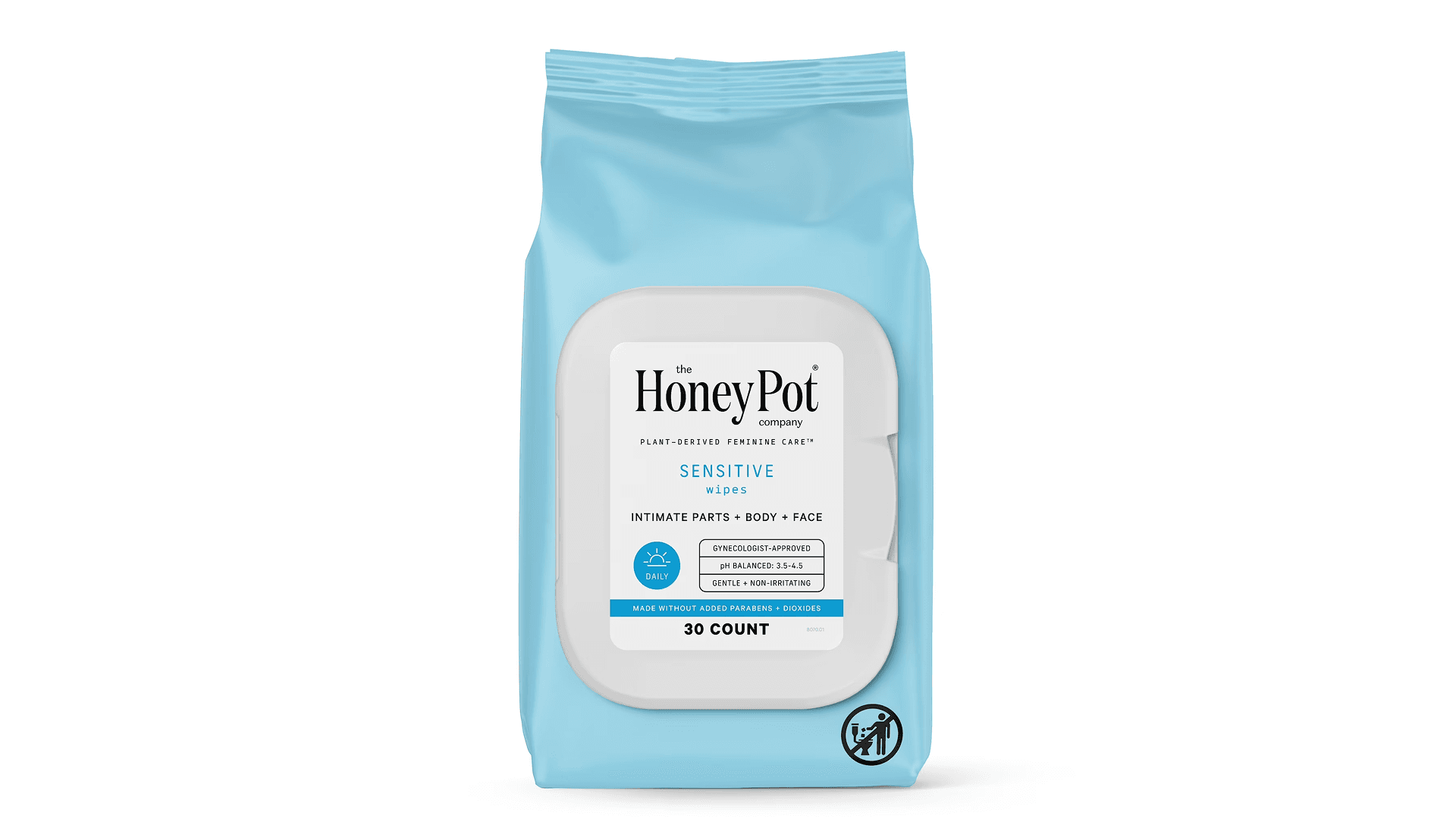 Light blue package of feminine wipes