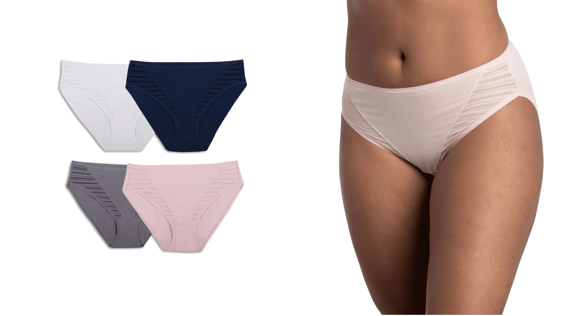 Multipack underwear in various colors; woman in light pink underwear