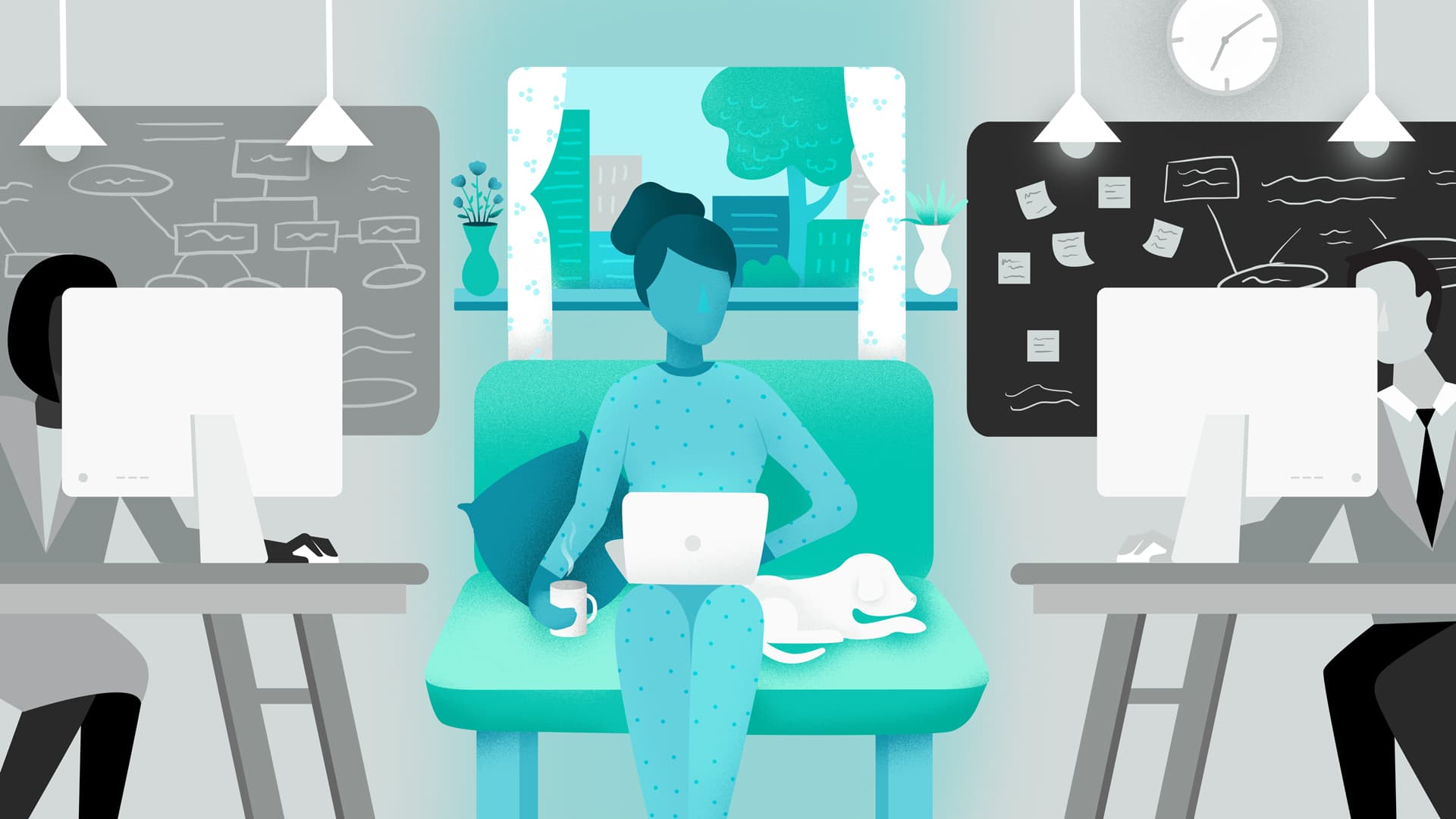 Image of woman working from home against office background