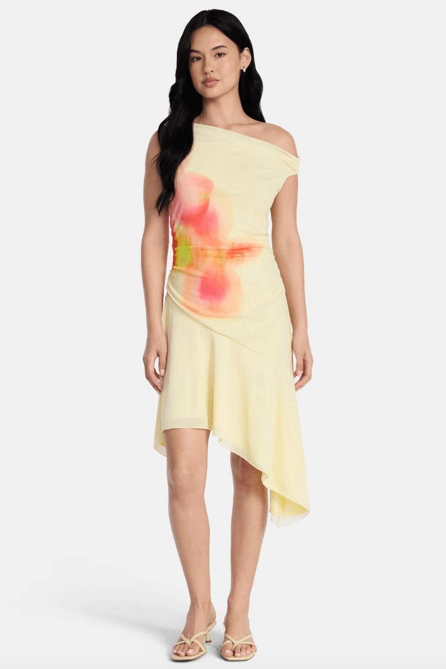 yellow asymmetrical midi dress