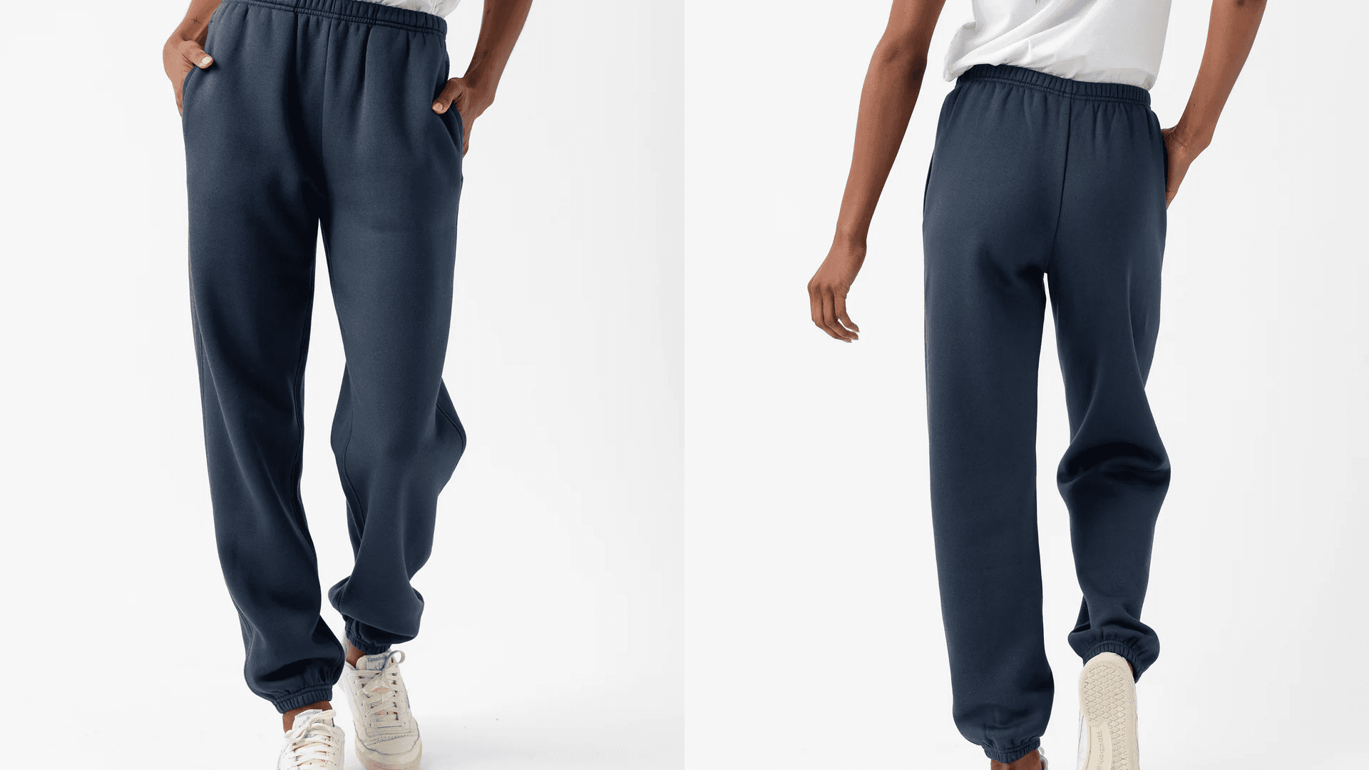 Woman wearing navy sweatpants with white t-shirt and white sneakers