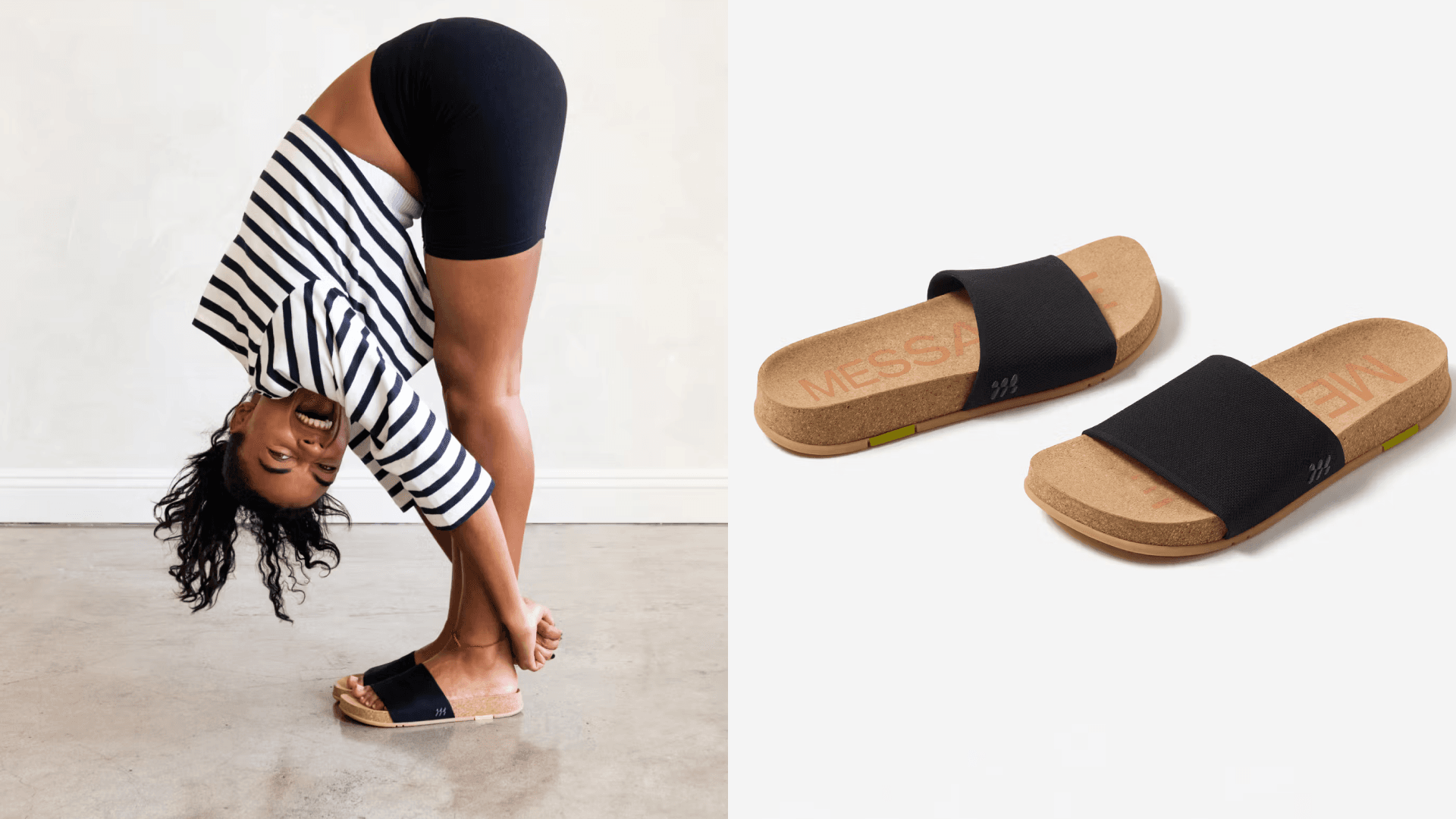 Women bending over in slides; slides with cork bottom and black strap