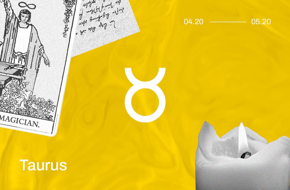 taurus astrology symbol with images of tarot cards and a candle on a yellow background
