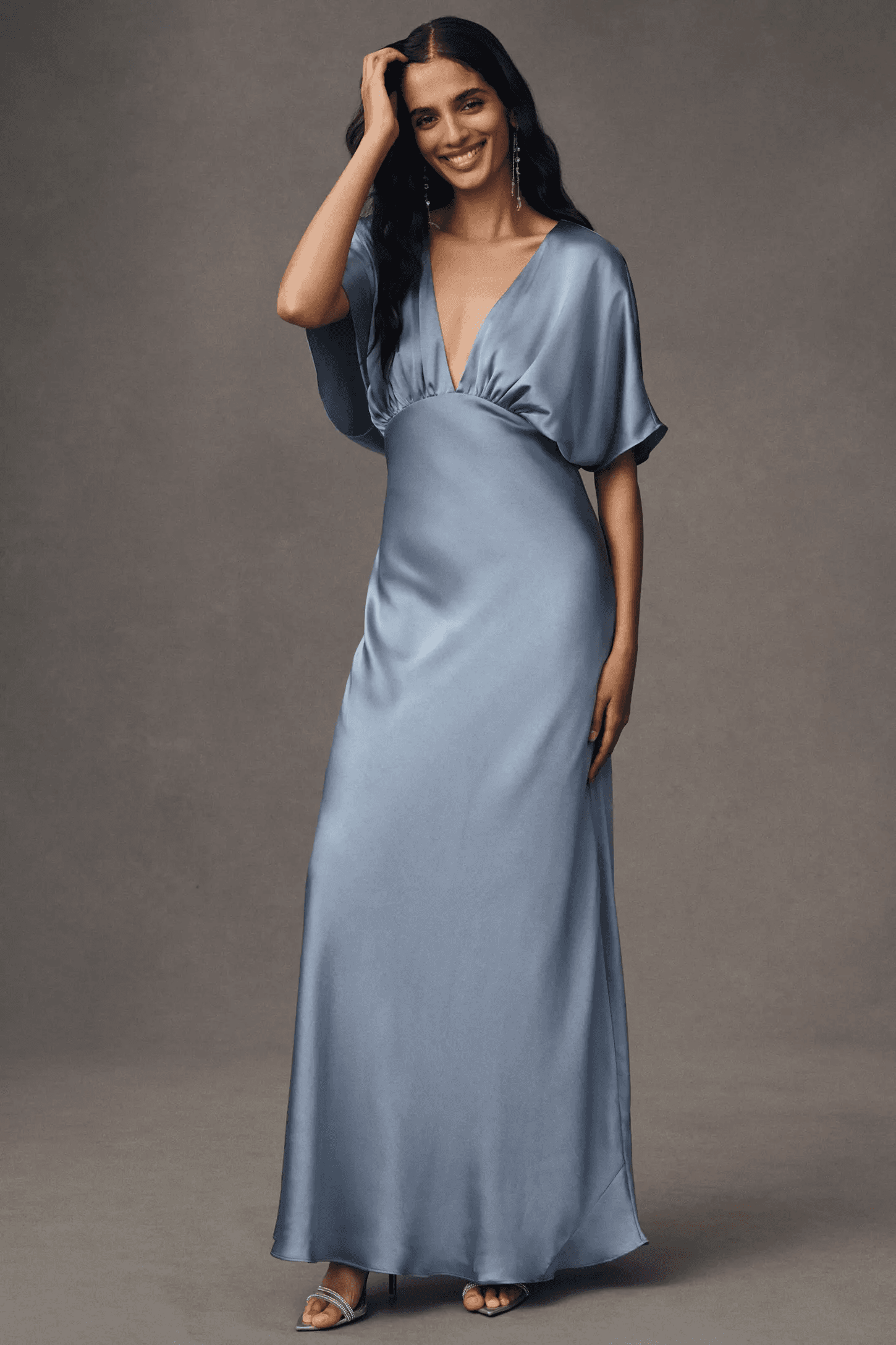 Anthropologie BHLDN Amelia Deep-V Flutter-Sleeve Satin A-Line Gown