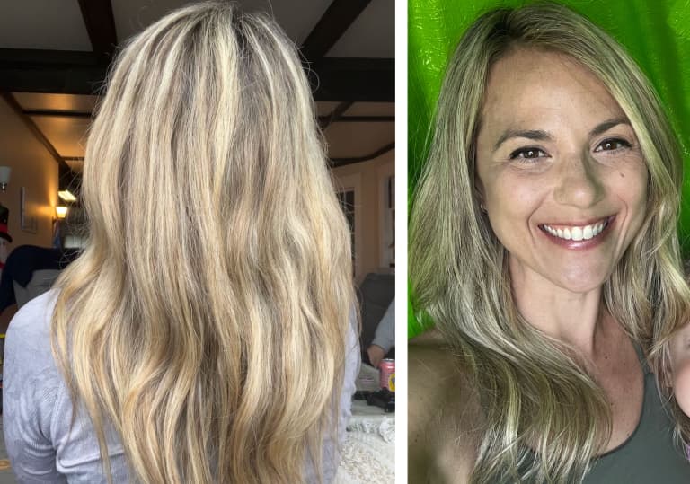 woman with blonde hair showing front and back of head