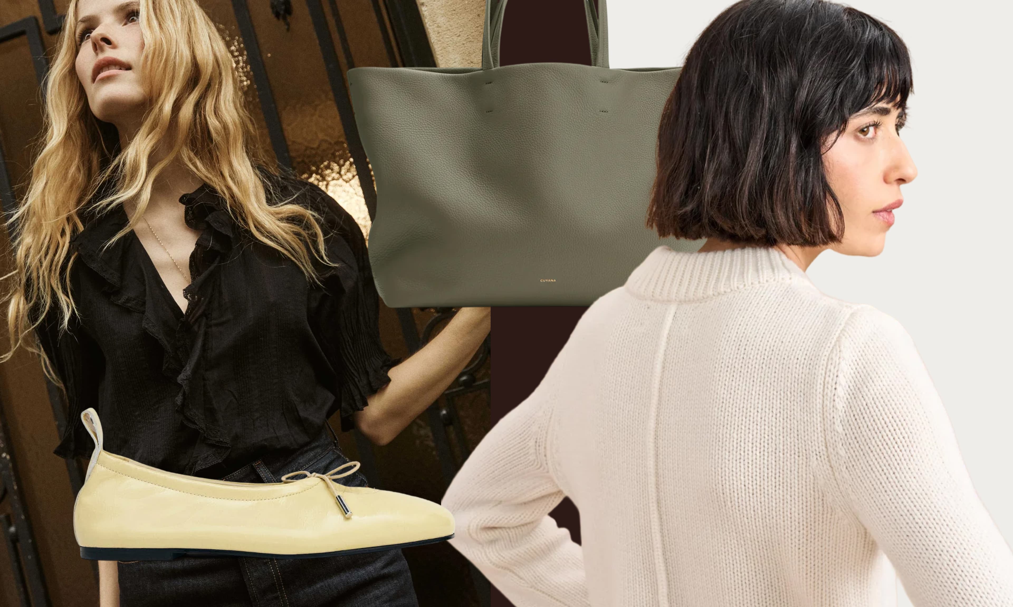 ballet flats, blouse, tote bag, sweater