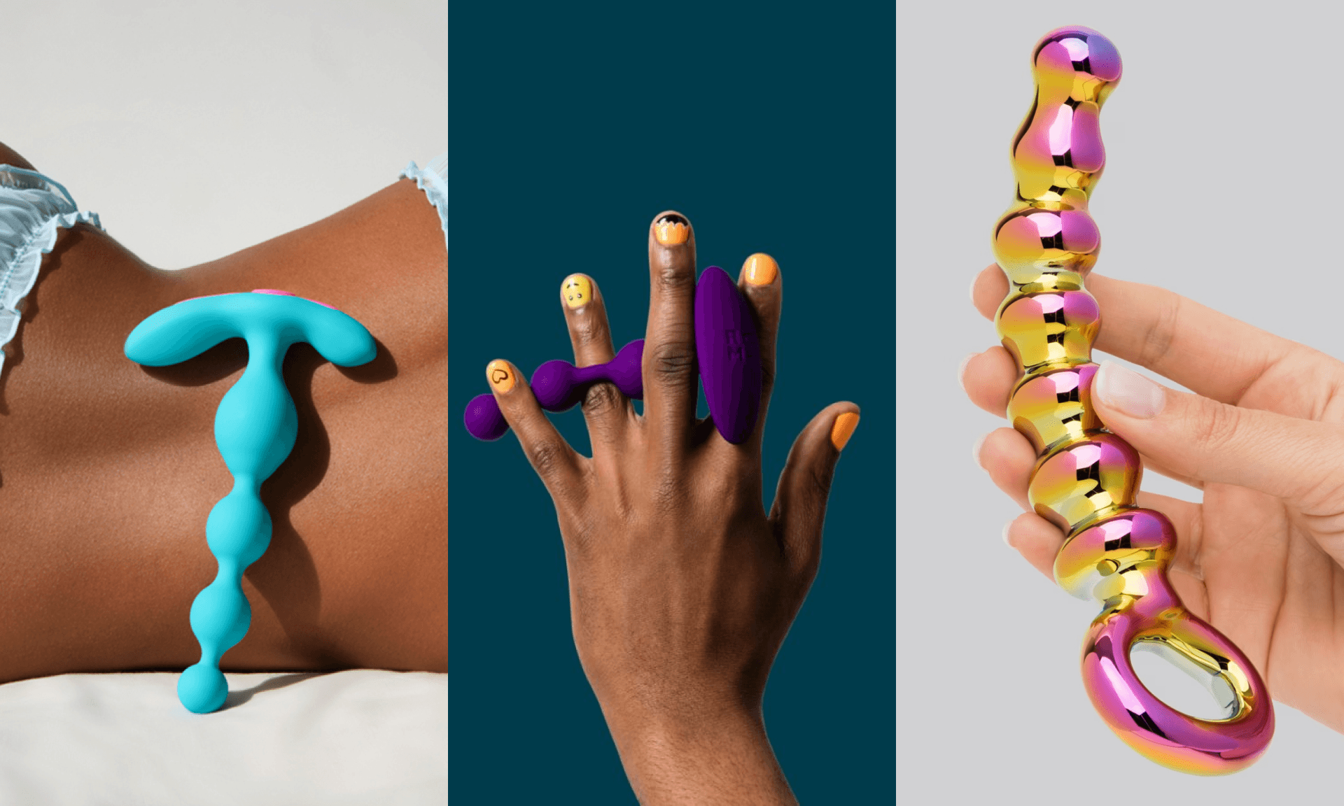 Woman with teal anal beads, woman with purple anal beads woven in her hands, woman holding iridescent glass anal beads