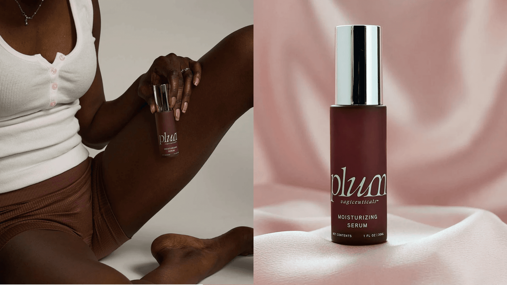 Black woman holding dark brown bottle with silver top; purple-brown bottle with light green lettering and silver top on pink satin background