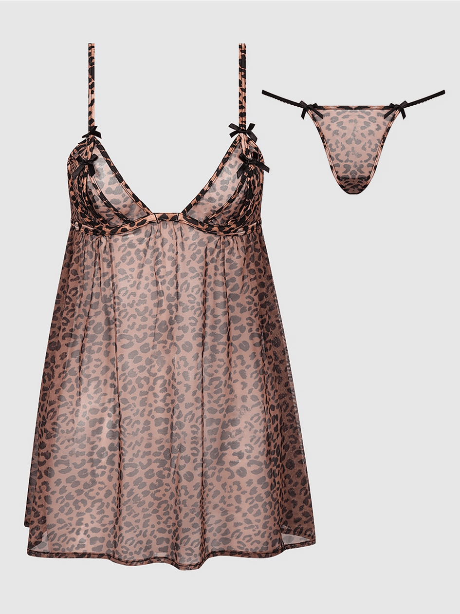 House of Desire Alia Leopard Mesh Underwire Babydoll Set