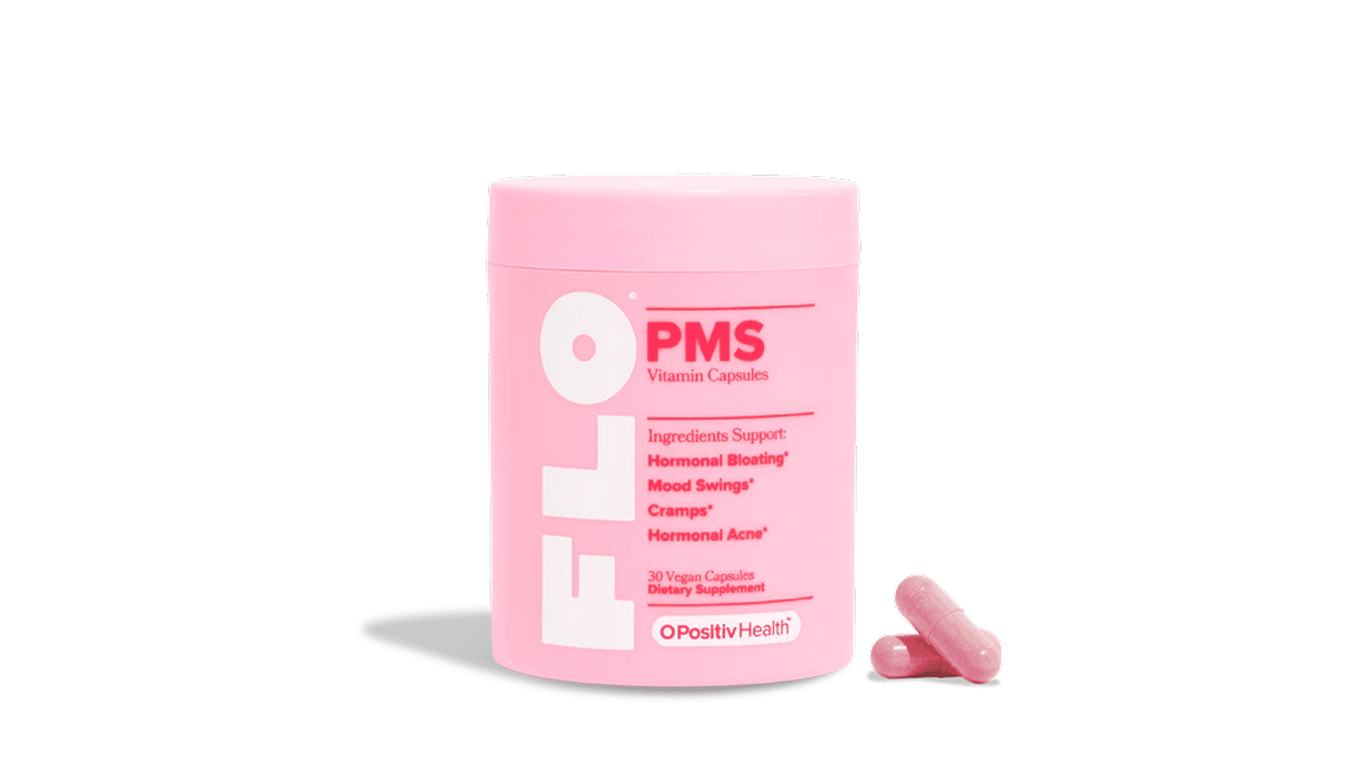 Pink bottle with two pink capsules next to it