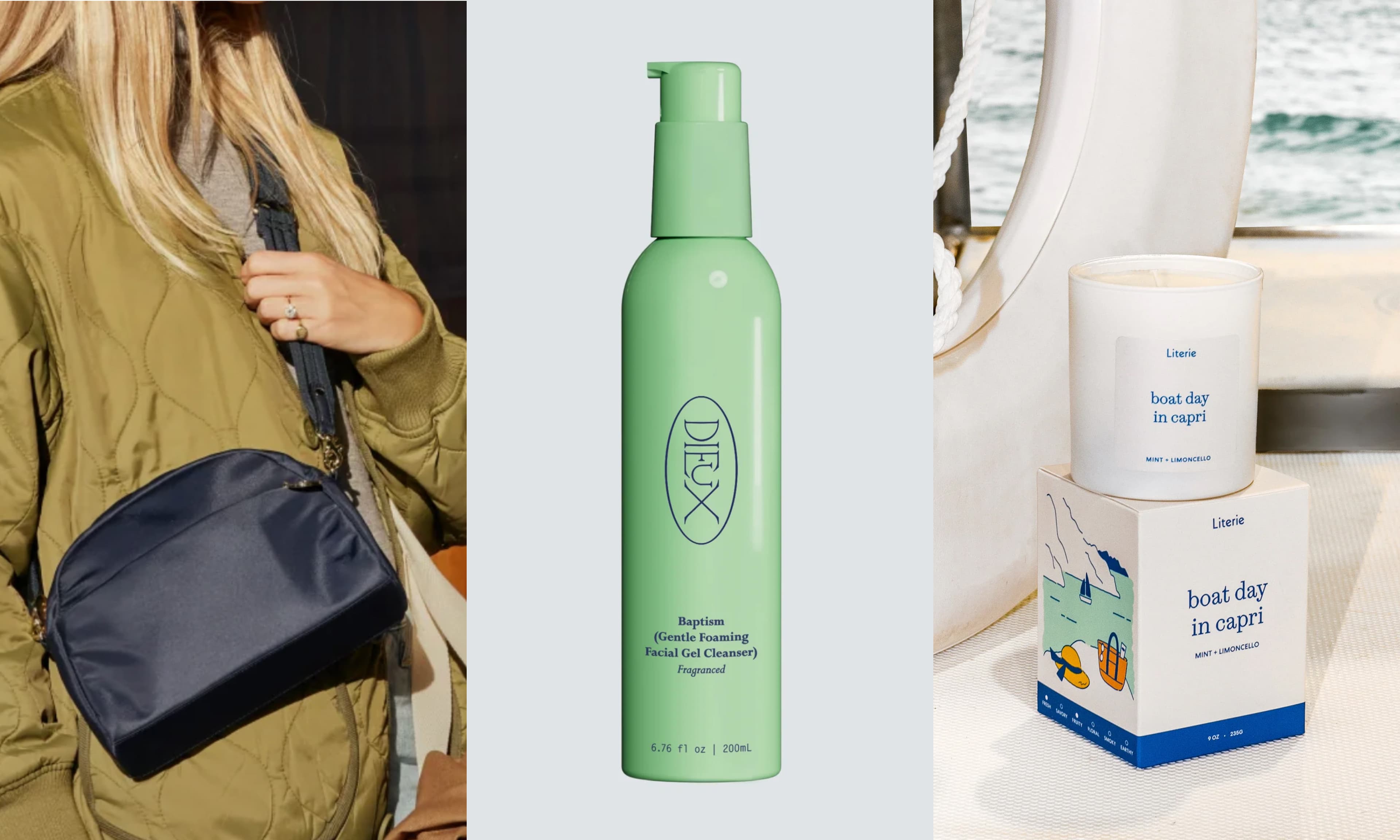 crossbody bag, facial cleanser, candle