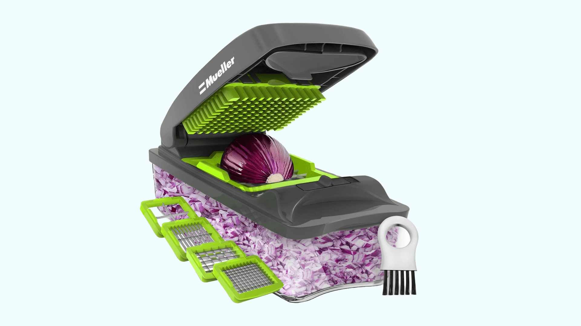 MuellerLiving 4-Blade Onion Chopper, Vegetable Chopper, Grape Cutter, Egg and Cheese Slicer with Container