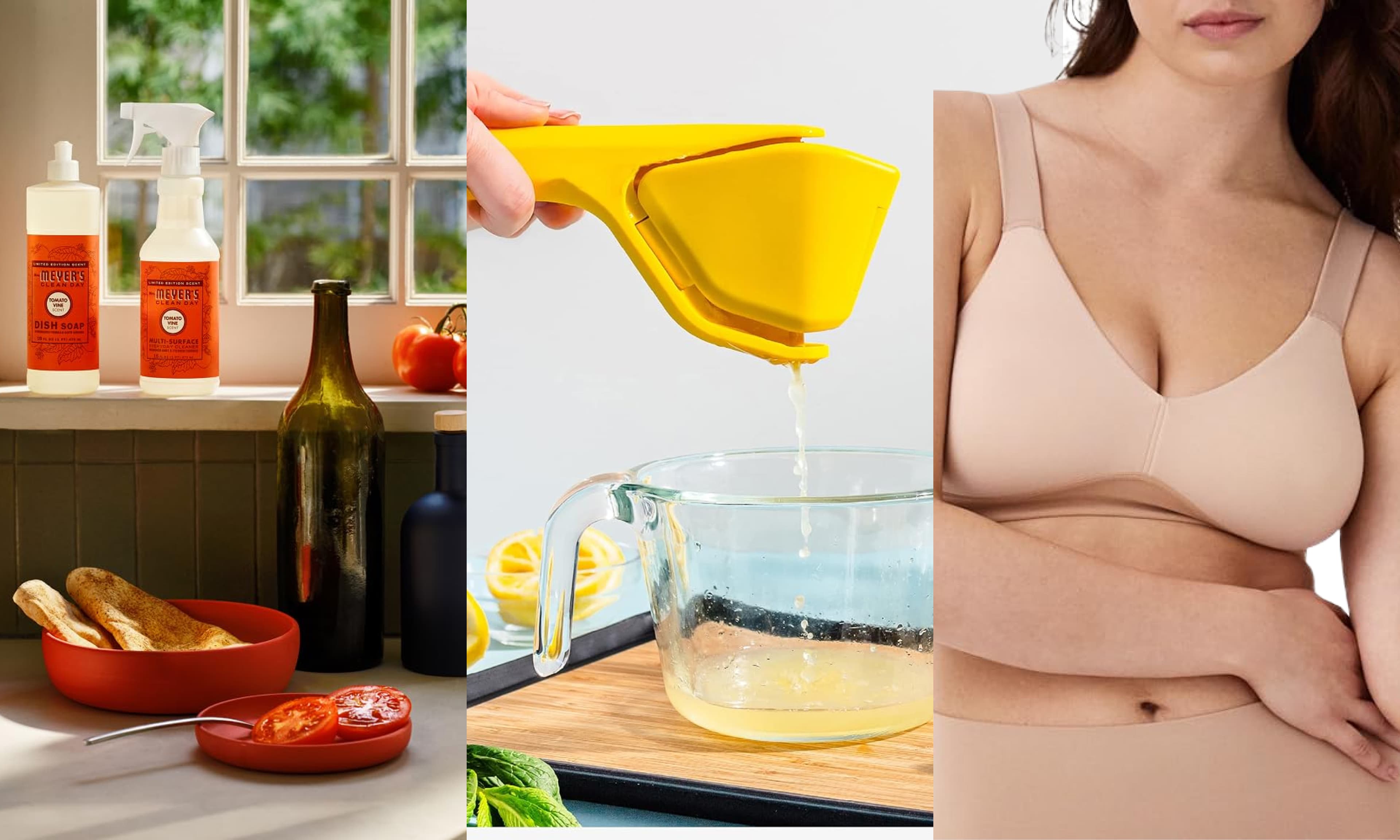 tomato vine cleaning products, citrus juicer, bralette