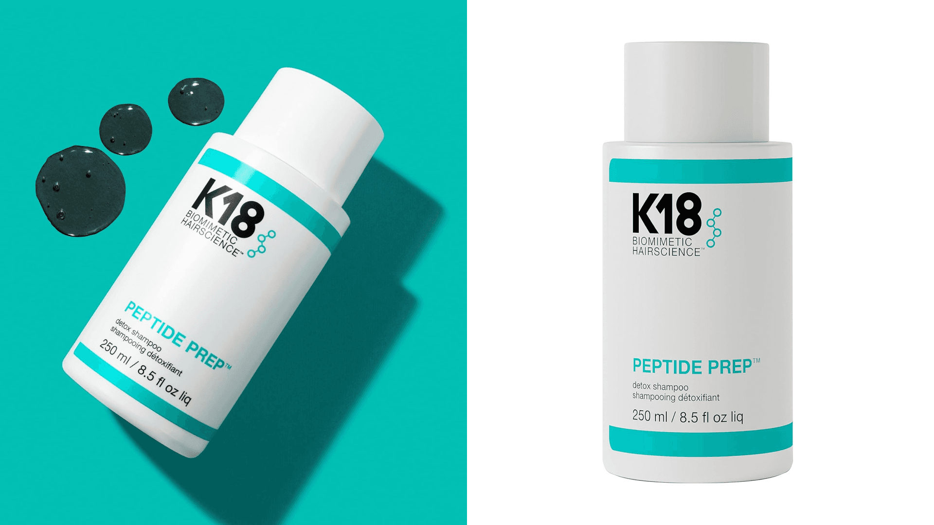 Bottle of K18 on teal background with product droplets; K18 detox shampoo on white background
