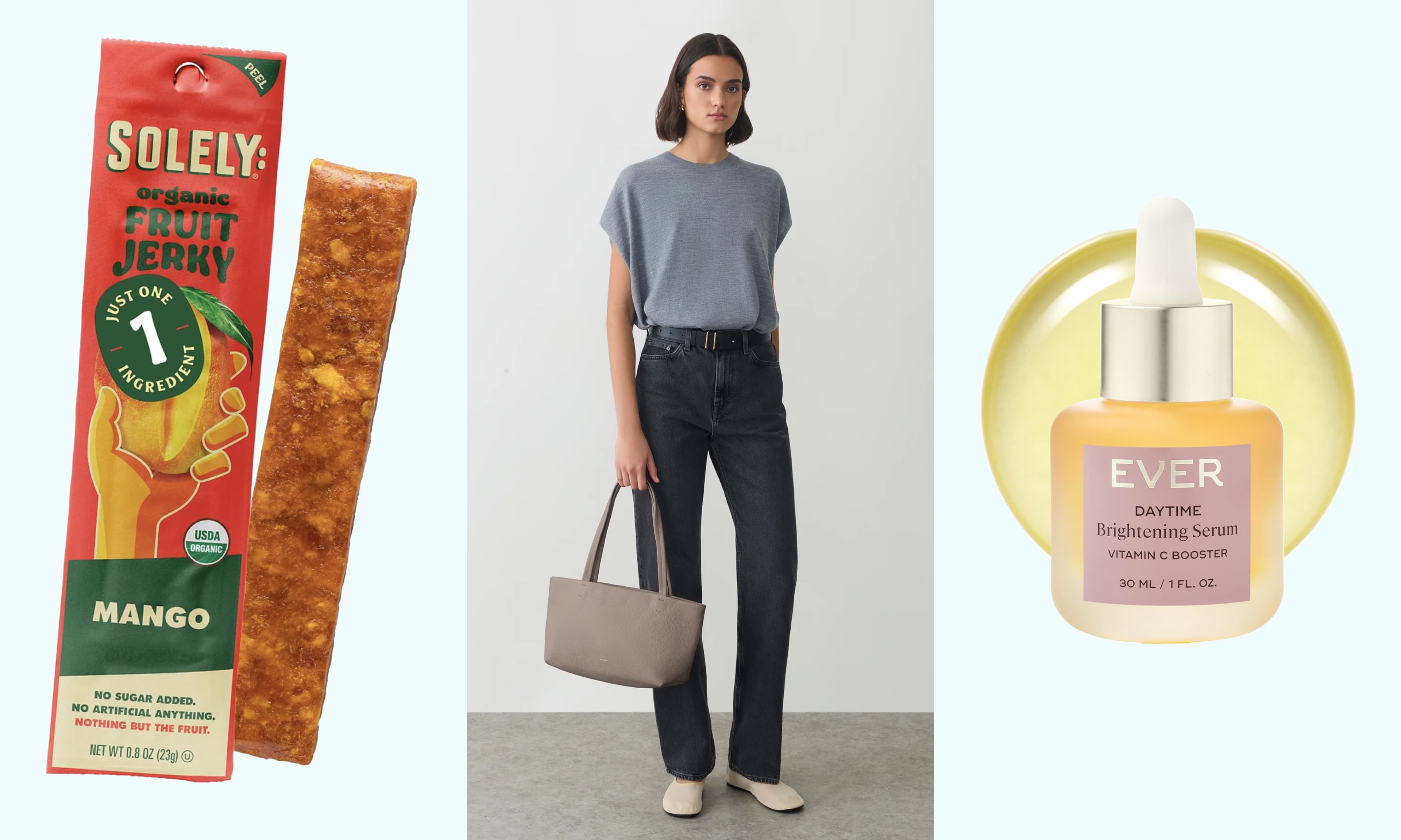 fruit jerky, leather tote, serum