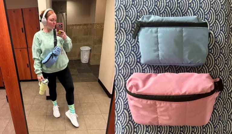 Author wearing blue Calpak belt bag; Calpak regular and mini belt bags side by side