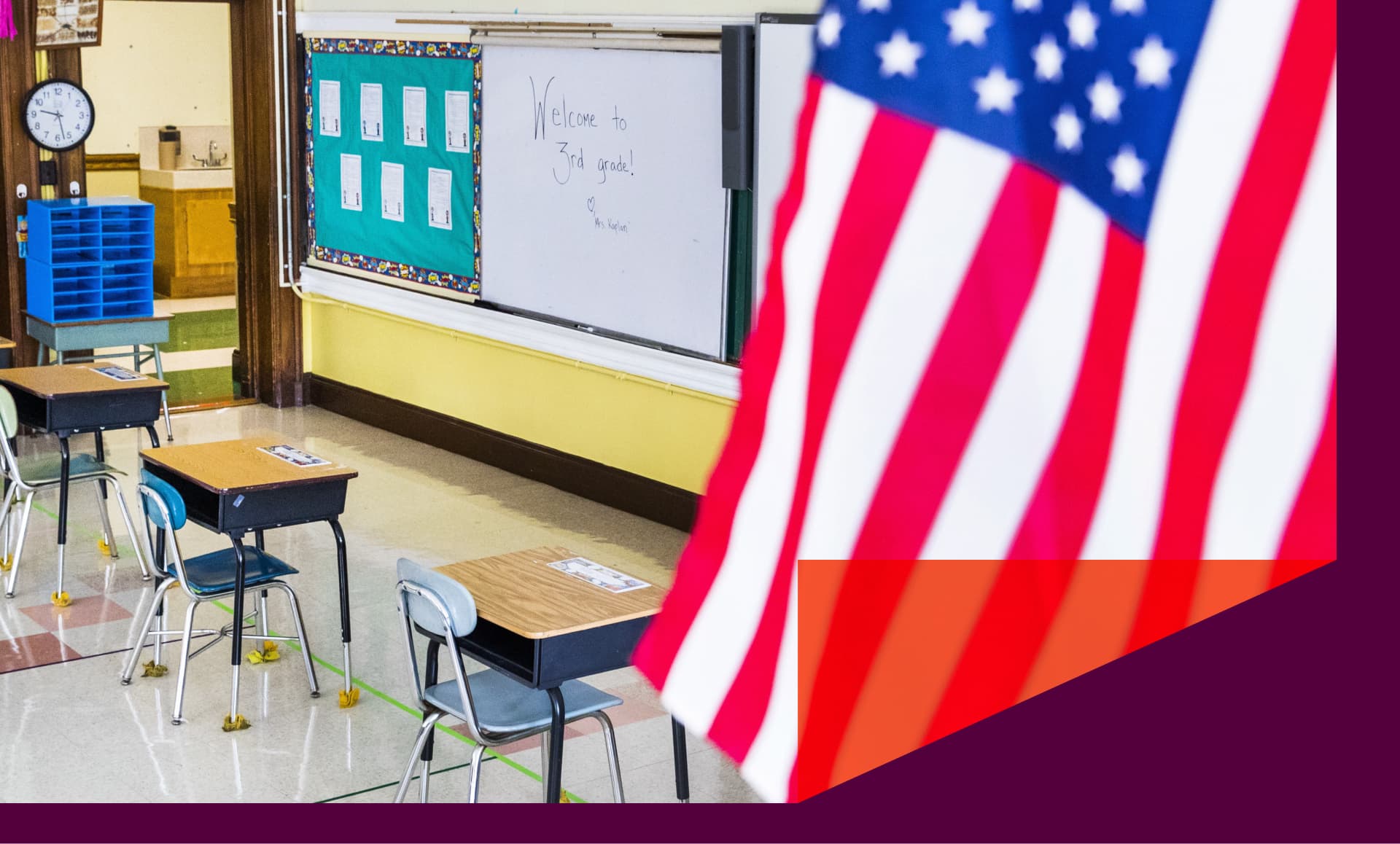 An American flag is displayed in a classroom at a Catholic elementary school in Brookline, Massachusetts, U.S.